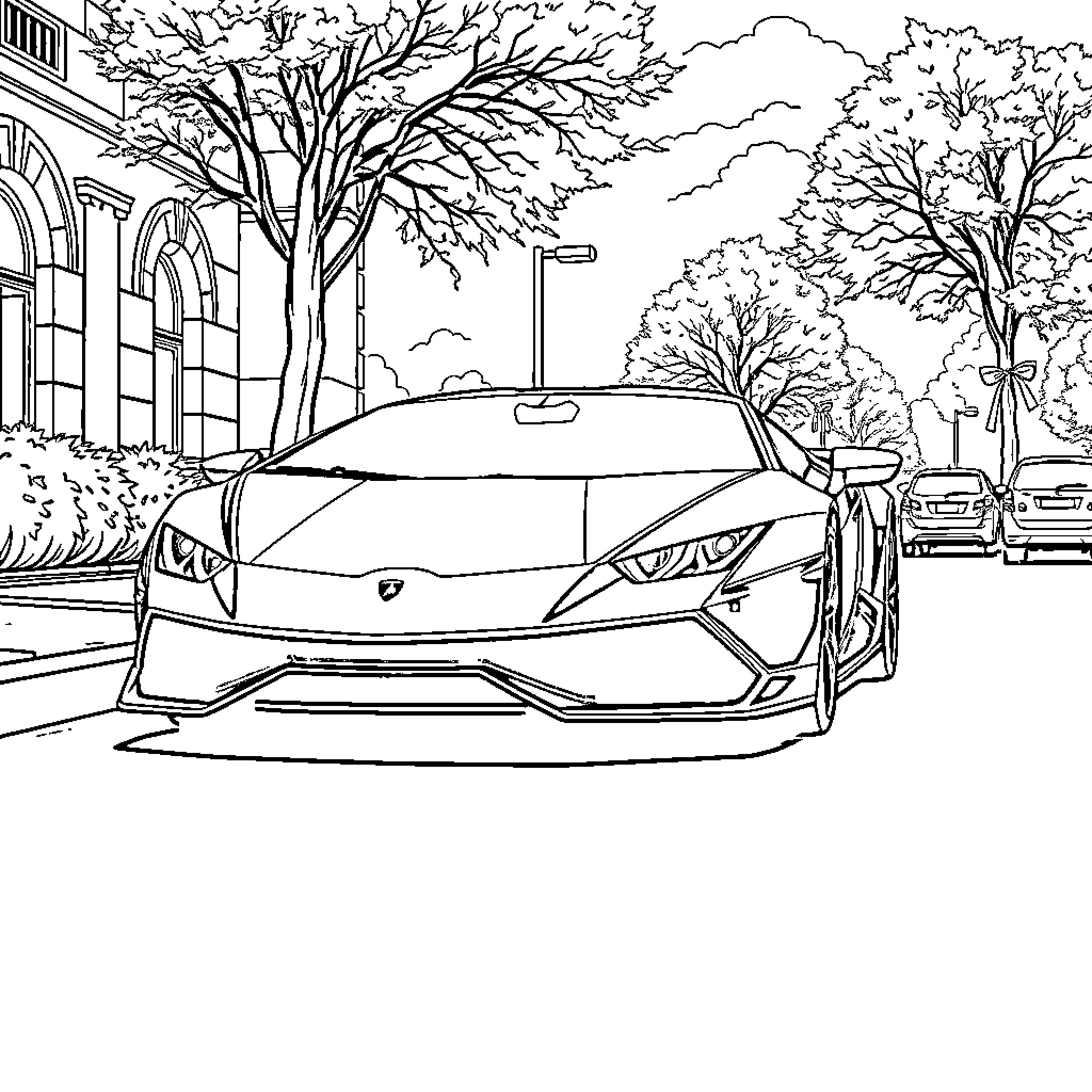 Lamborghini sports car on a city street Coloring Page (free black-and-white line drawing printable PDF for all, from beginners to advanced learners, including children, teens, adults, and seniors)