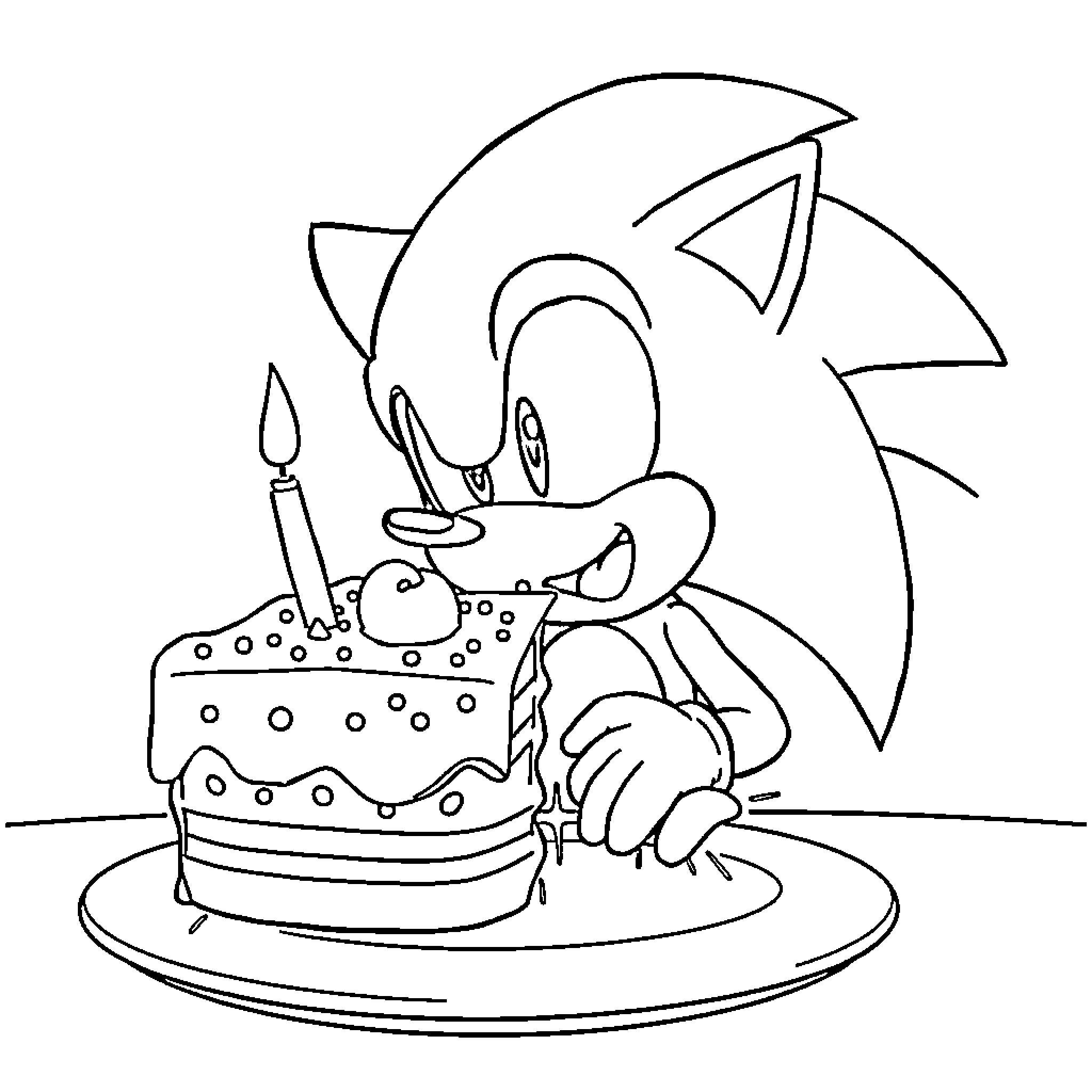 Sonic celebrating with birthday cake Coloring Page (free black-and-white line drawing printable PDF for all, from beginners to advanced learners, including children, teens, adults, and seniors)
