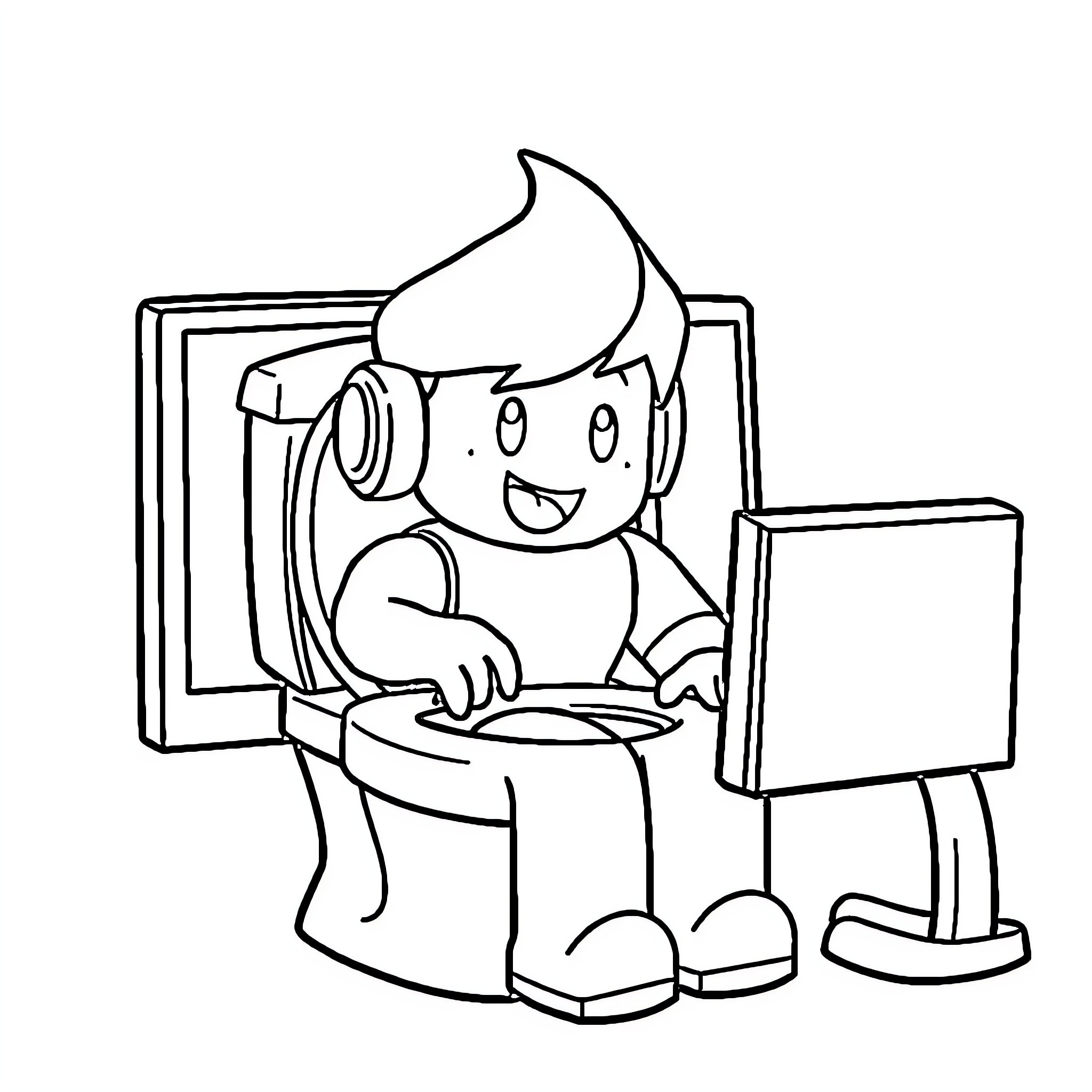 Skibidi Toilet: Cartoon Character Using the Restroom Coloring Page (free black-and-white line drawing printable PDF for all, from beginners to advanced learners, including children, teens, adults, and seniors)