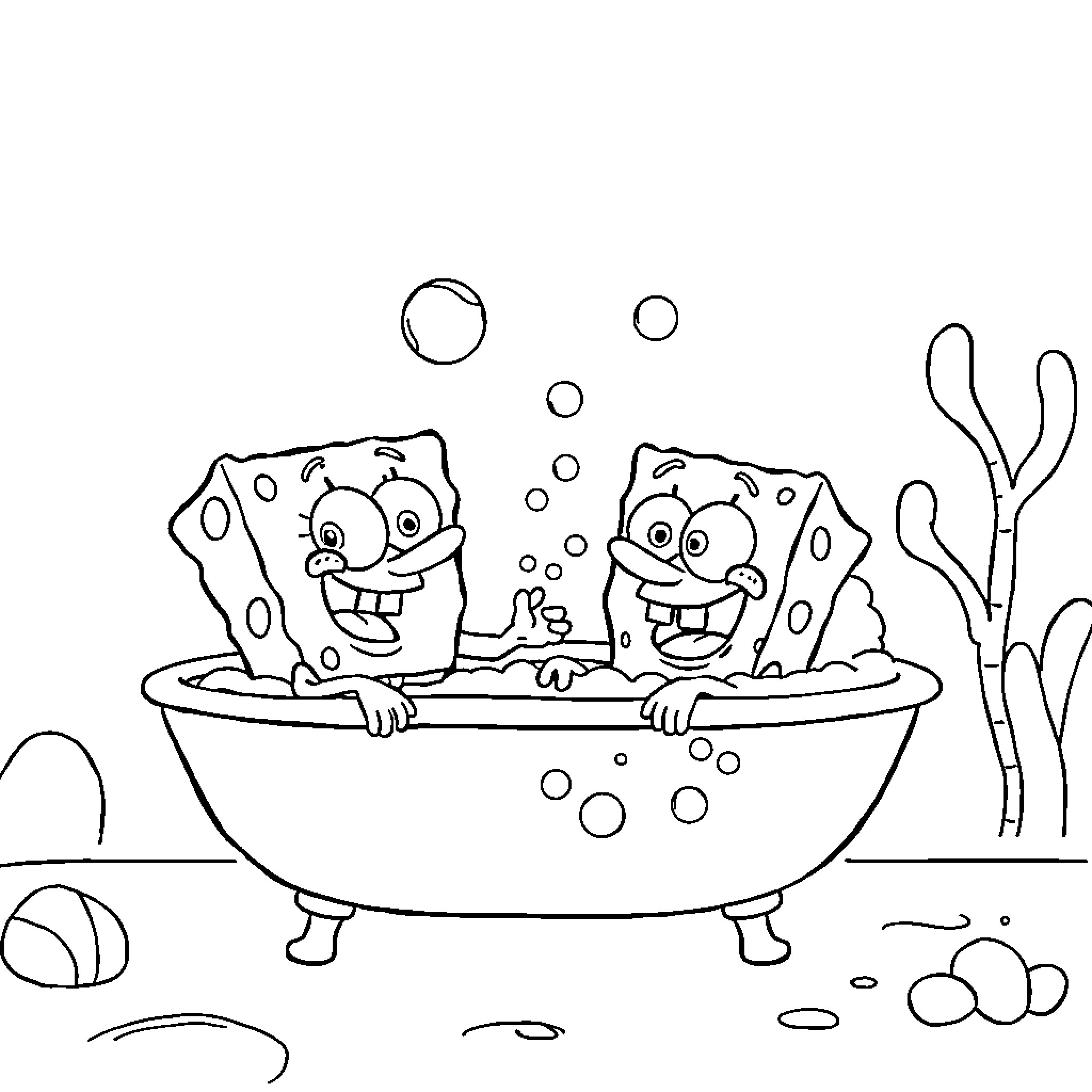 Spongebob and friend enjoying a bubbly bath Coloring Page (free black-and-white line drawing printable PDF for all, from beginners to advanced learners, including children, teens, adults, and seniors)