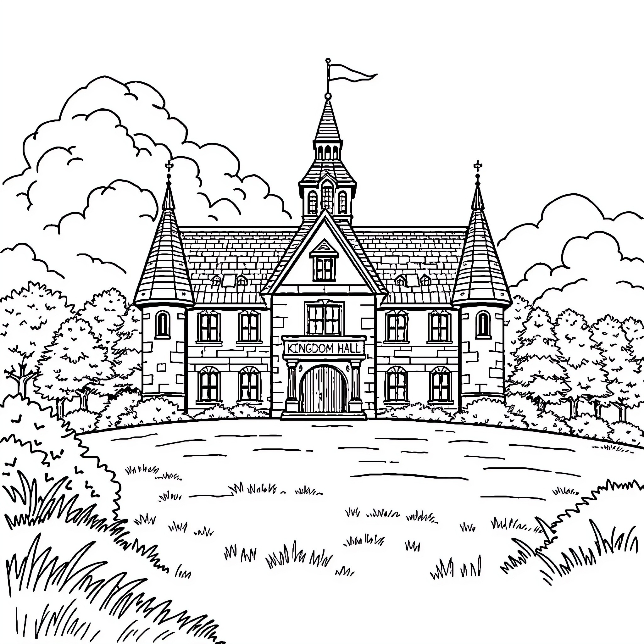 Kingdomhall: Majestic castle in a serene landscape Coloring Page (free black-and-white line drawing printable PDF for all, from beginners to advanced learners, including children, teens, adults, and seniors)