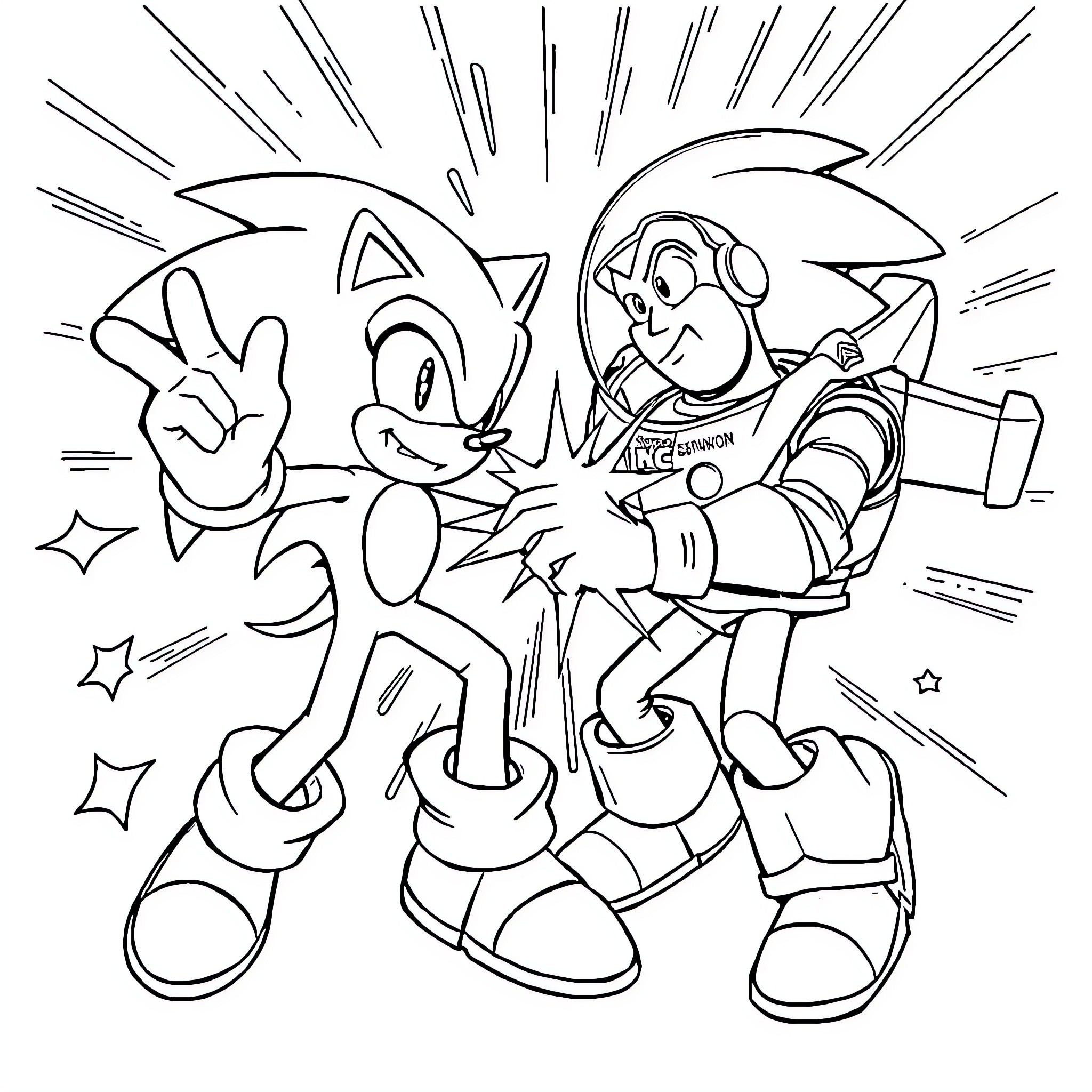 Sonic and friends in an exciting adventure Coloring Page (free black-and-white line drawing printable PDF for all, from beginners to advanced learners, including children, teens, adults, and seniors)
