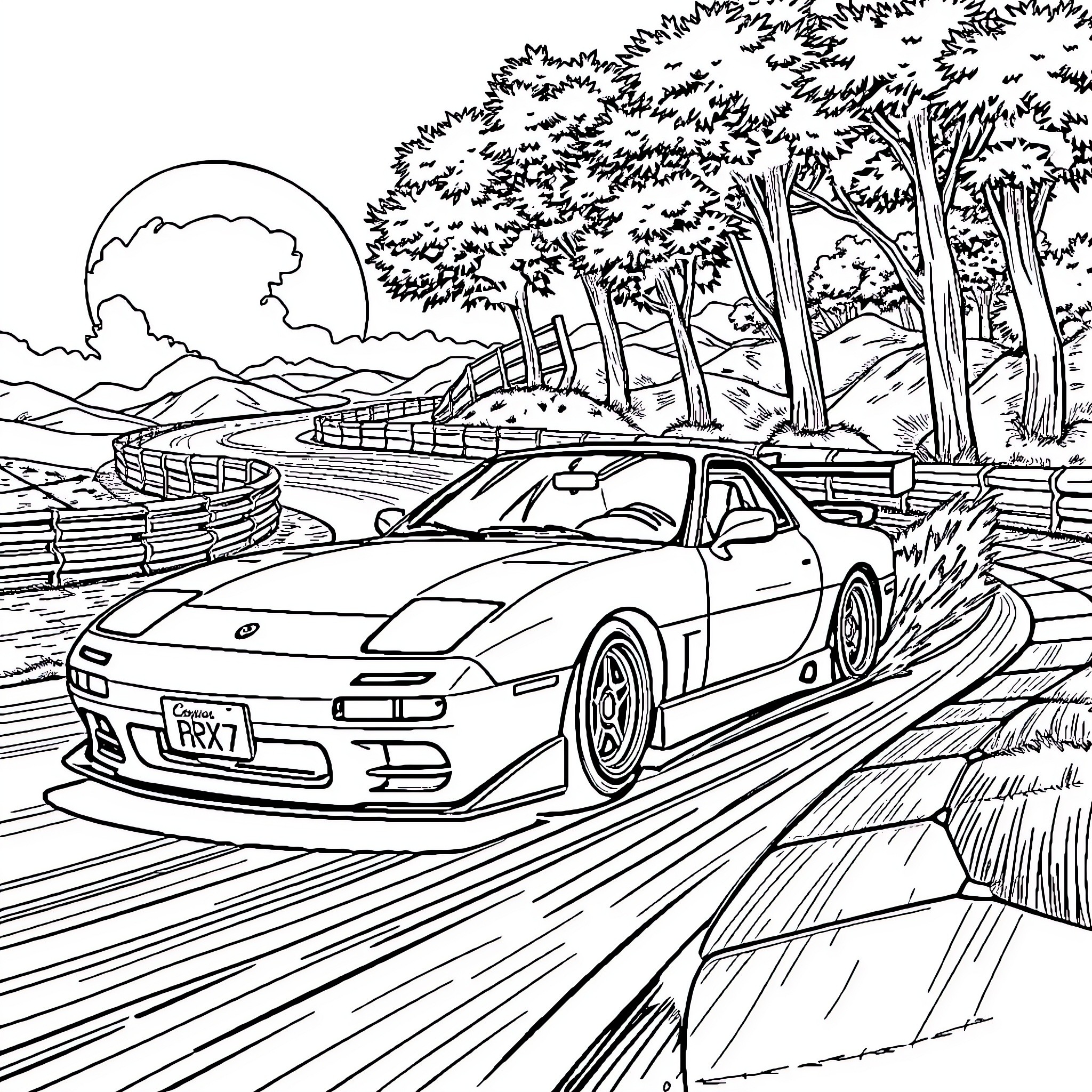 FC RX7 speeding through scenic forest road Coloring Page (free black-and-white line drawing printable PDF for all, from beginners to advanced learners, including children, teens, adults, and seniors)