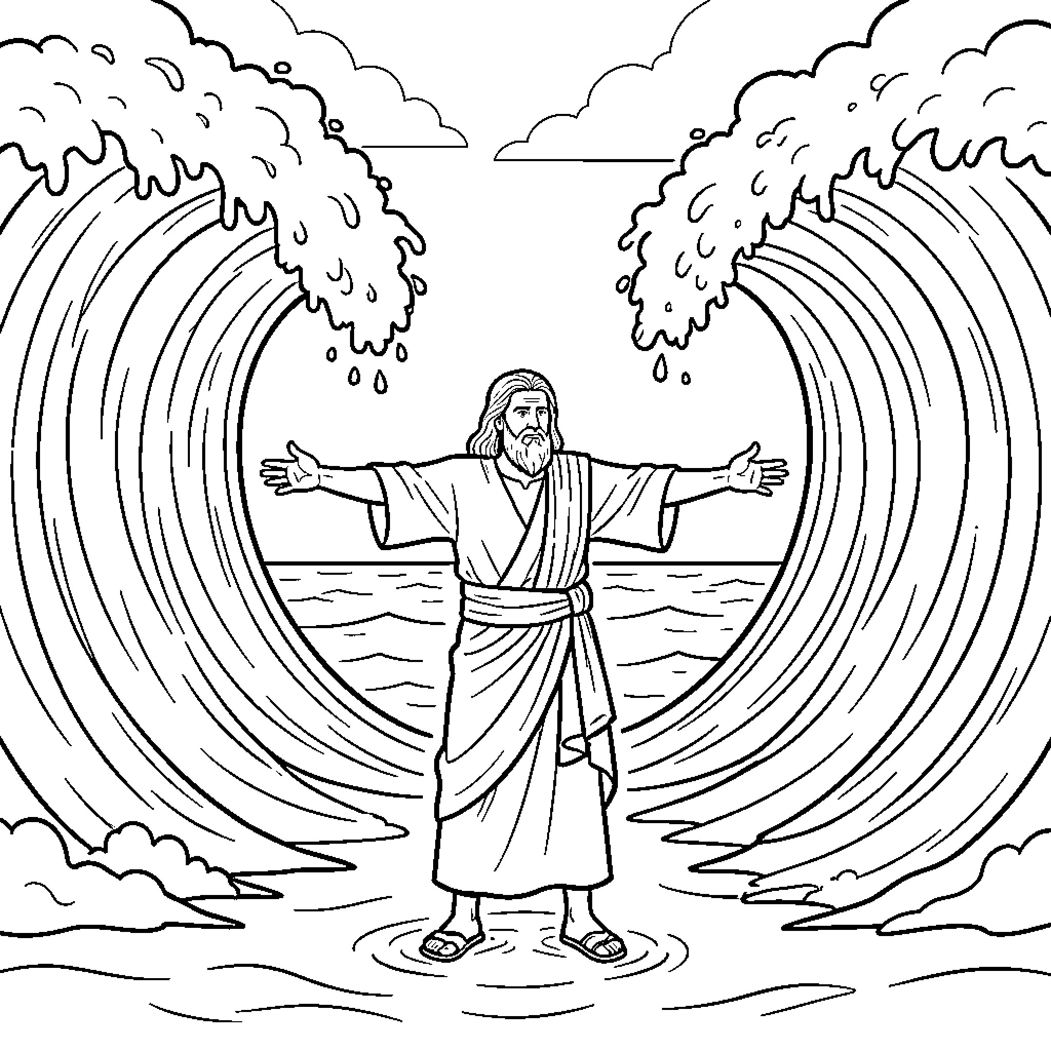 Moses Dividing the Seas with Outstretched Arms Coloring Page (free black-and-white line drawing printable PDF for all, from beginners to advanced learners, including children, teens, adults, and seniors)