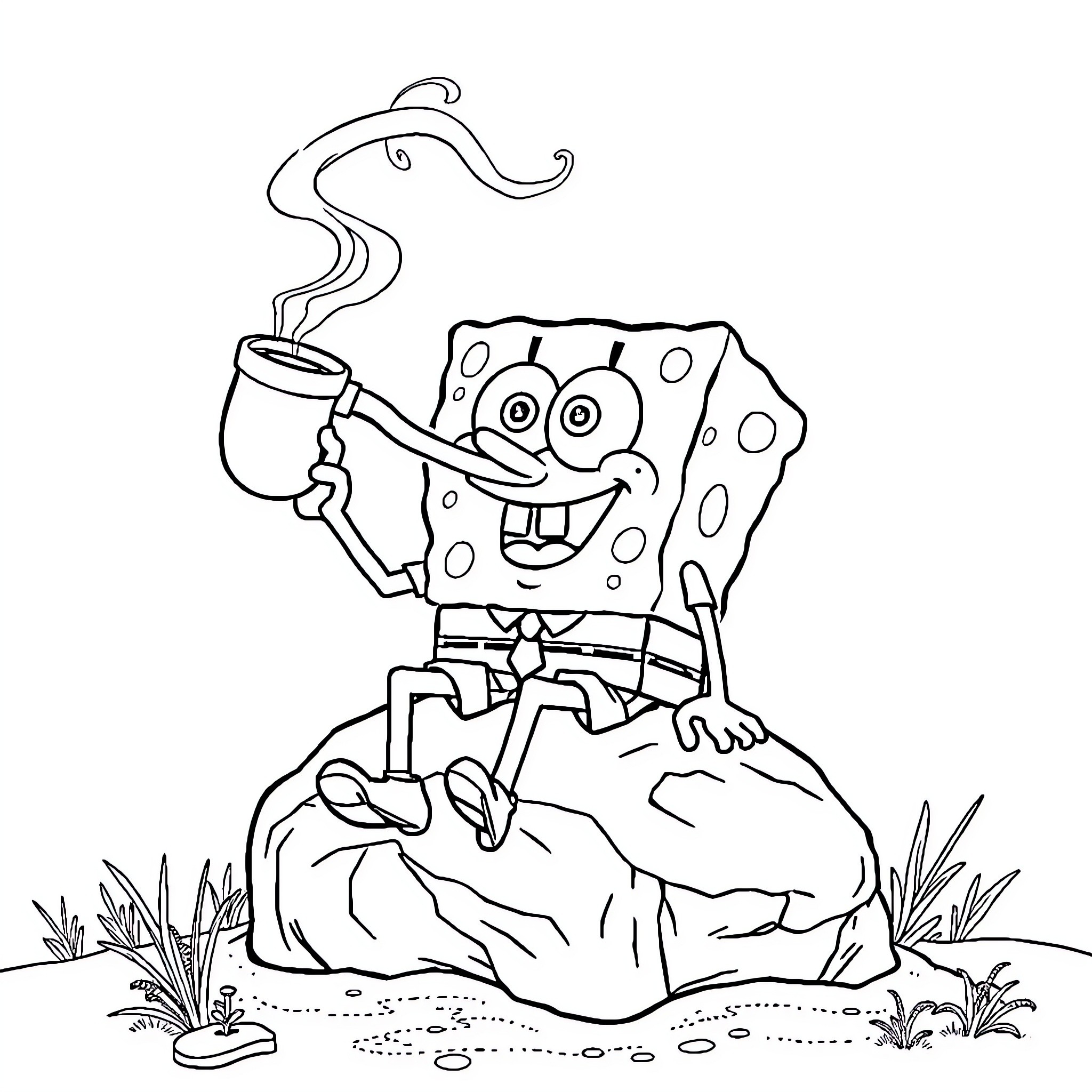 Spongebob drinking coffee on a rock Coloring Page (free black-and-white line drawing printable PDF for all, from beginners to advanced learners, including children, teens, adults, and seniors)
