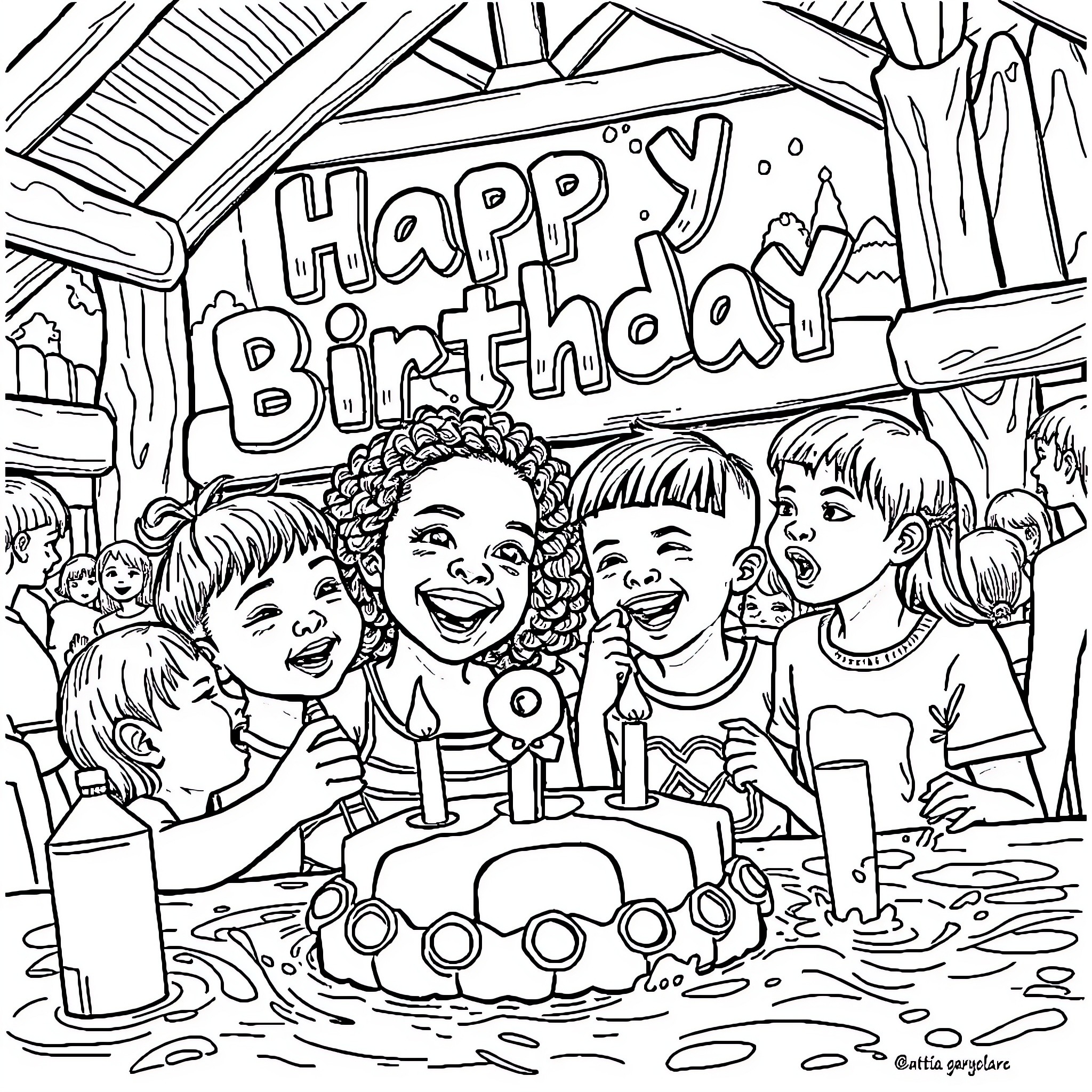 Birthday party celebration with friends and cake Coloring Page (free black-and-white line drawing printable PDF for all, from beginners to advanced learners, including children, teens, adults, and seniors)