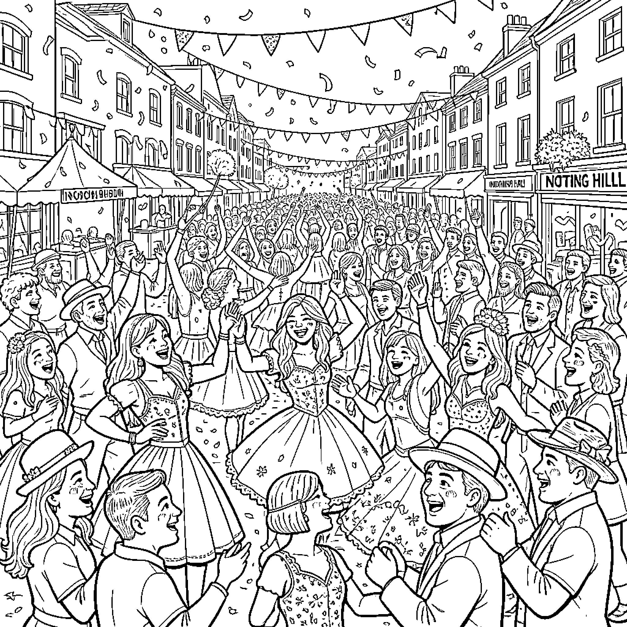 Carnival celebration with people dancing and cheering in streets Coloring Page (free black-and-white line drawing printable PDF for all, from beginners to advanced learners, including children, teens, adults, and seniors)