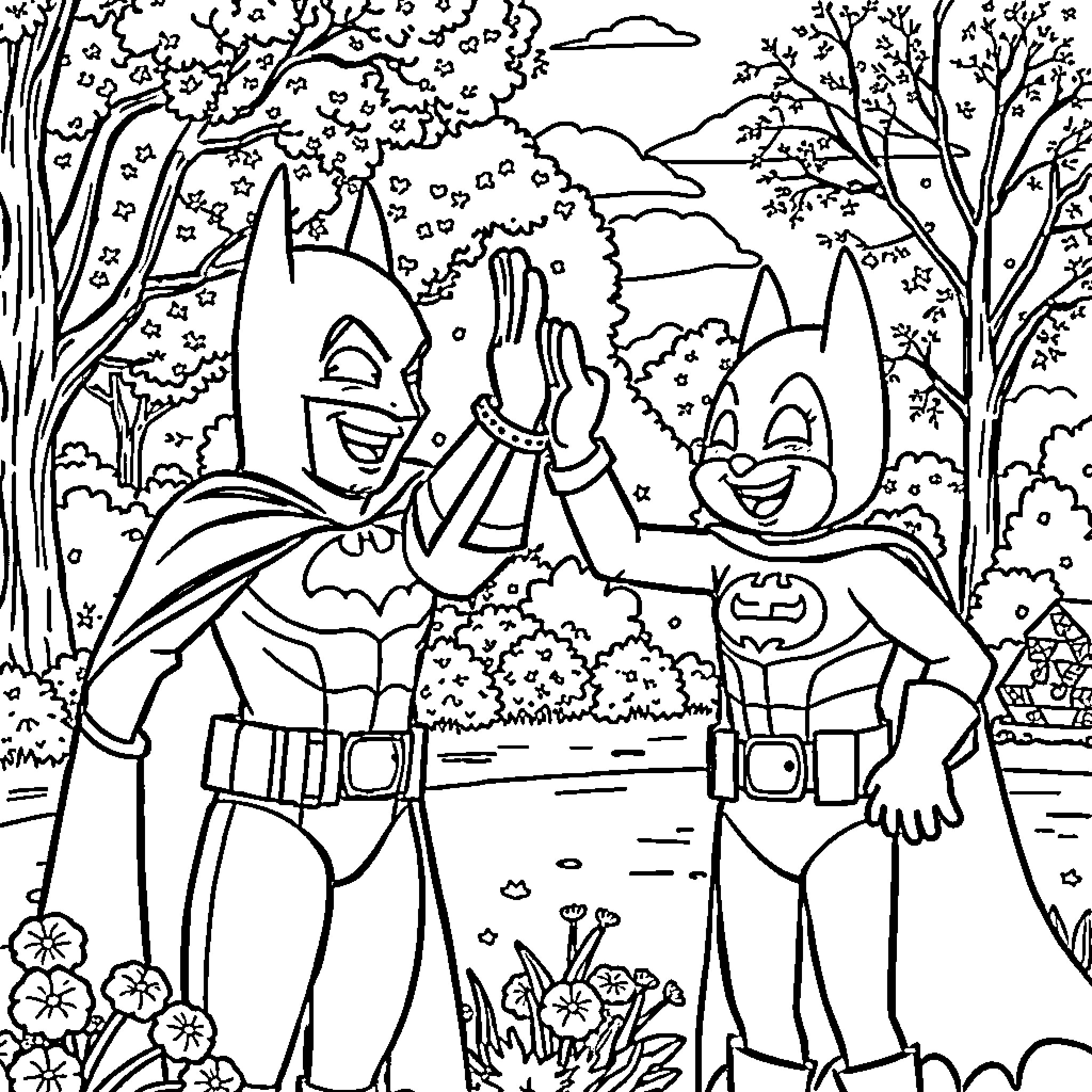 Batman and Robin Exploring the Enchanted Forest Coloring Page (free black-and-white line drawing printable PDF for all, from beginners to advanced learners, including children, teens, adults, and seniors)