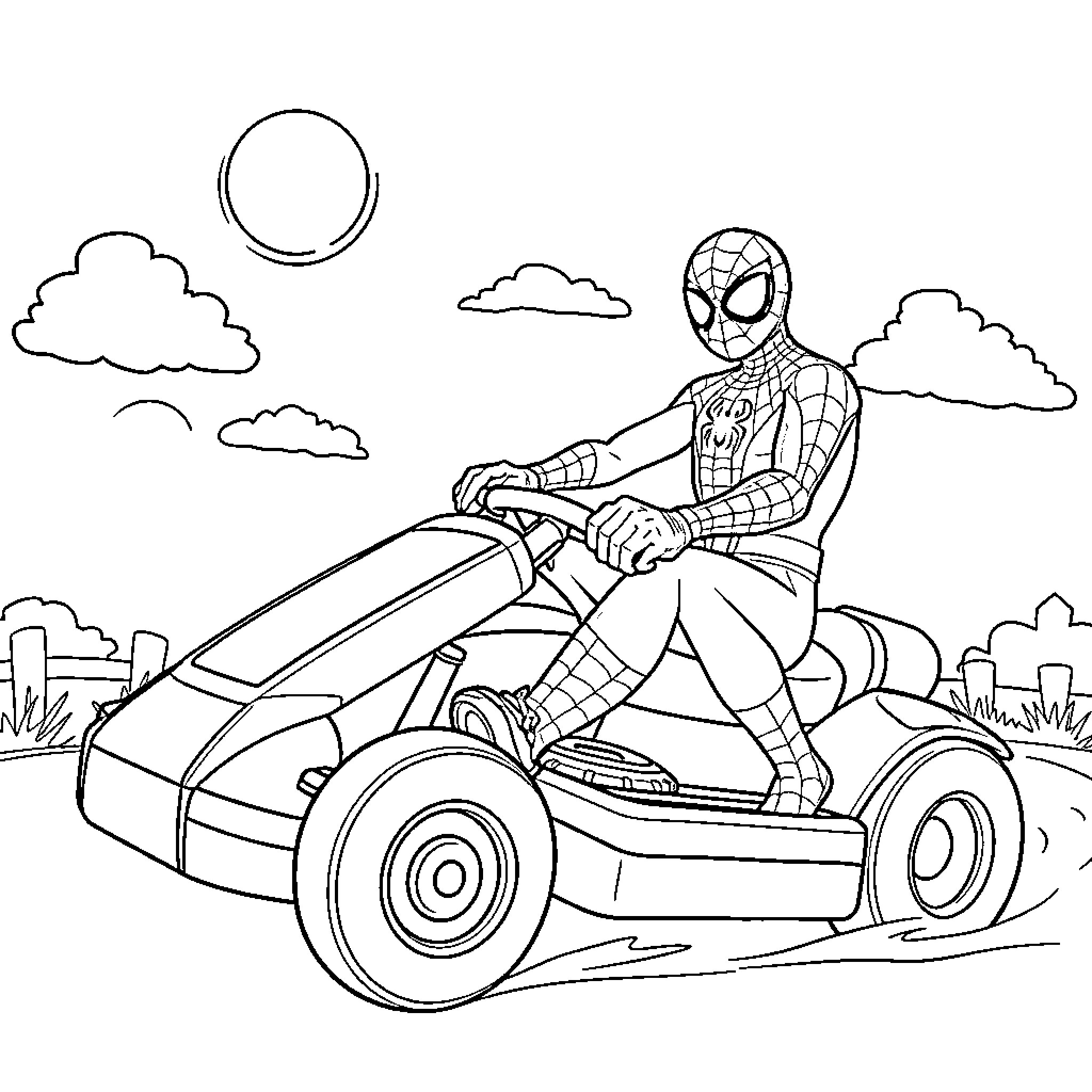 Spiderman riding a racing go-kart in the countryside Coloring Page (free black-and-white line drawing printable PDF for all, from beginners to advanced learners, including children, teens, adults, and seniors)