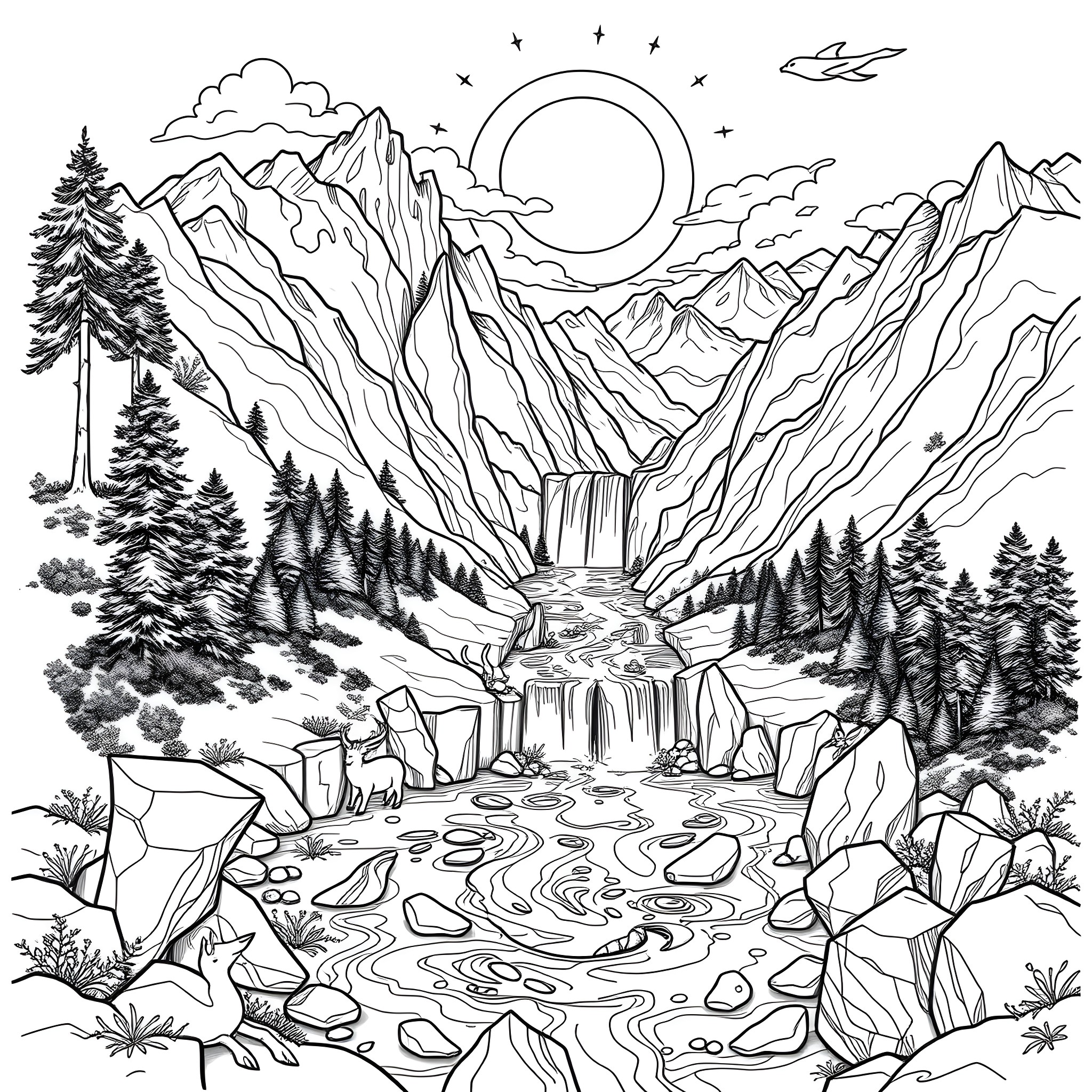 River flowing through the majestic mountains Coloring Page (free black-and-white line drawing printable PDF for all, from beginners to advanced learners, including children, teens, adults, and seniors)
