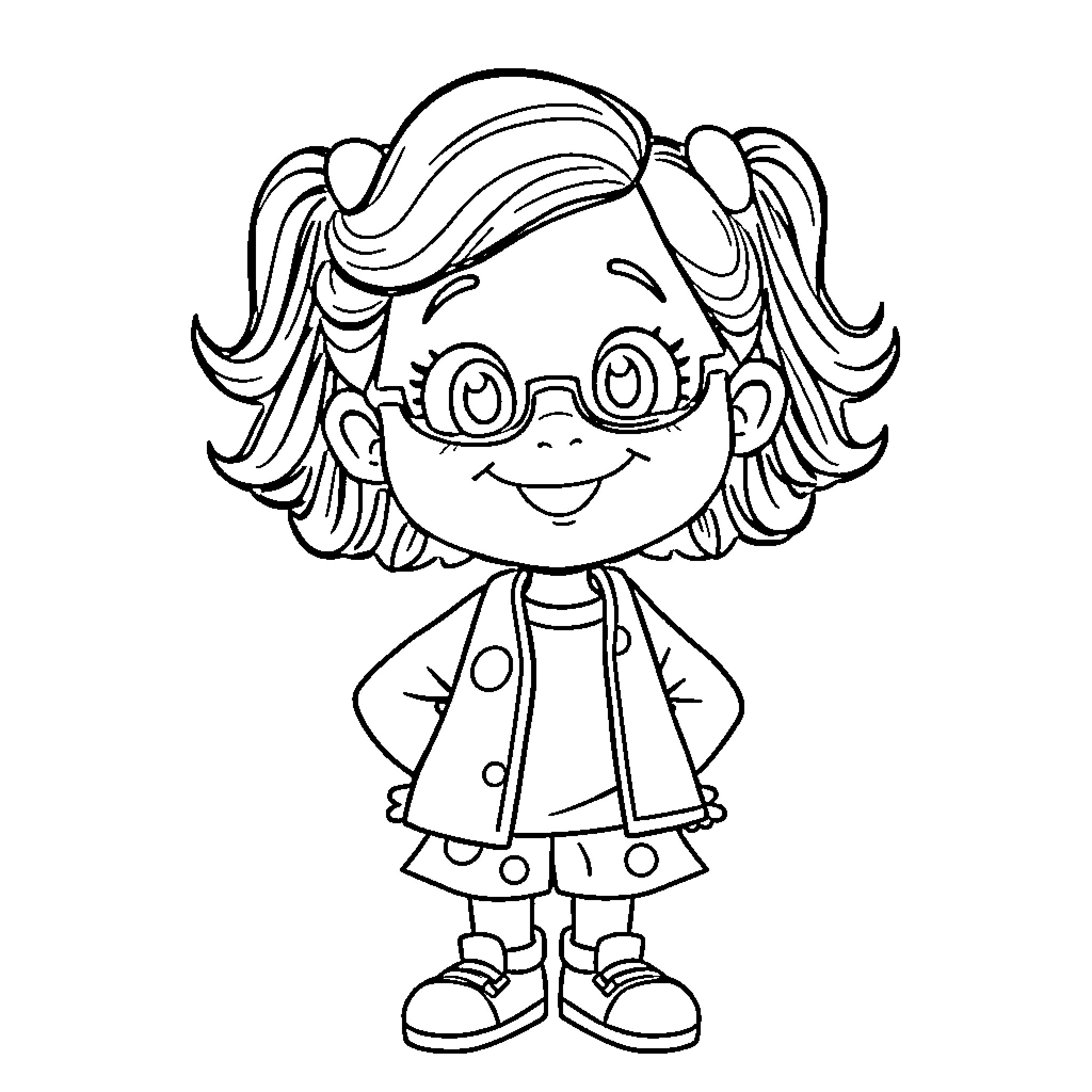 Missy's Cheerful Expressions and Playful Outfit Coloring Page (free black-and-white line drawing printable PDF for all, from beginners to advanced learners, including children, teens, adults, and seniors)