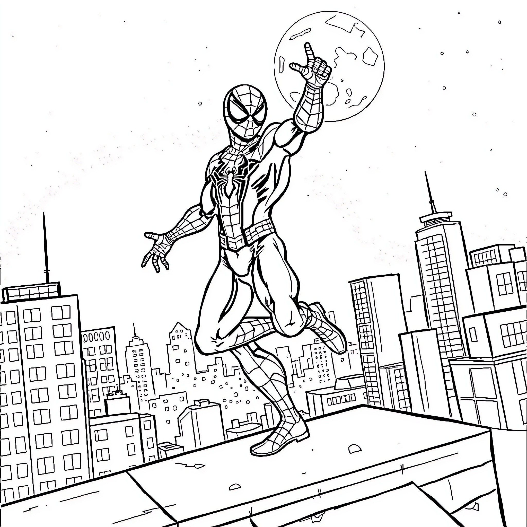 Spiderman swinging through the city skyline Coloring Page (free black-and-white line drawing printable PDF for all, from beginners to advanced learners, including children, teens, adults, and seniors)