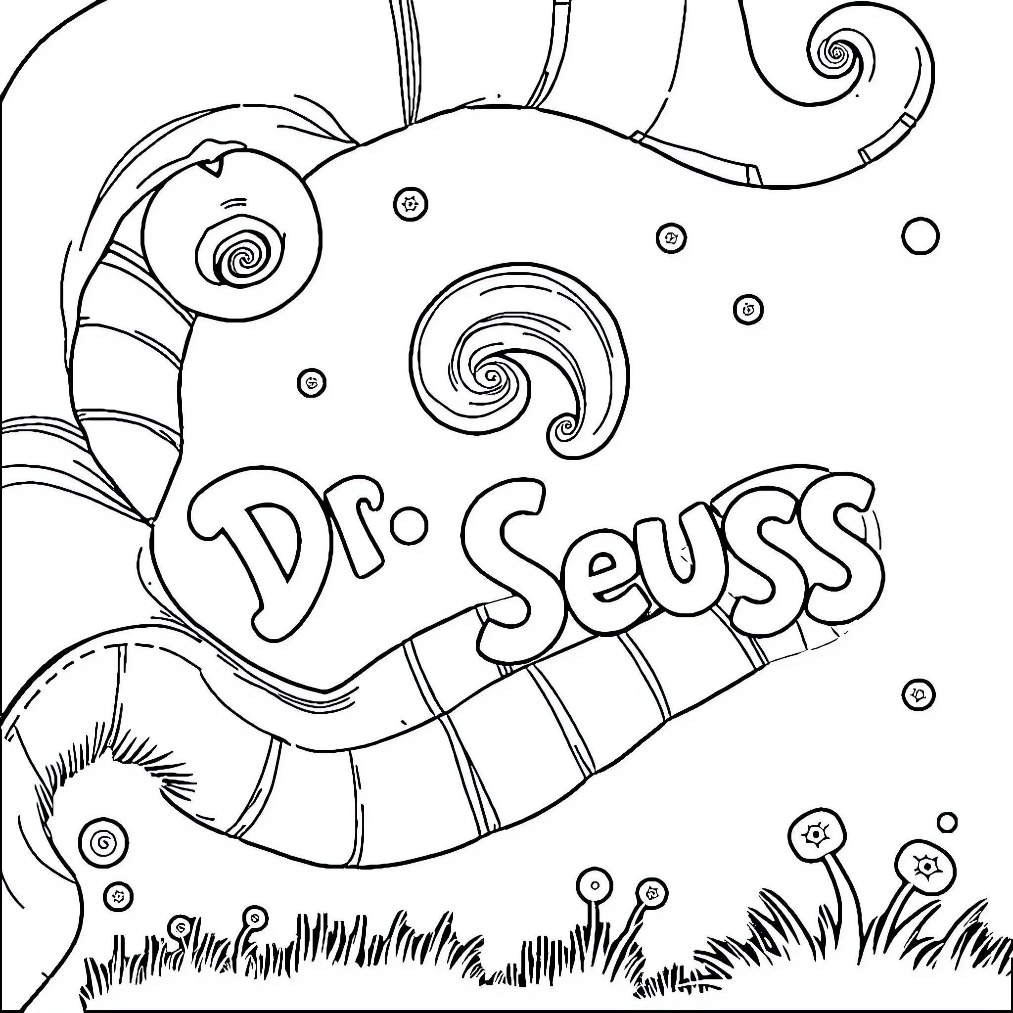 Dr. Seuss Whimsical Artwork and Characters Coloring Page (free black-and-white line drawing printable PDF for all, from beginners to advanced learners, including children, teens, adults, and seniors)