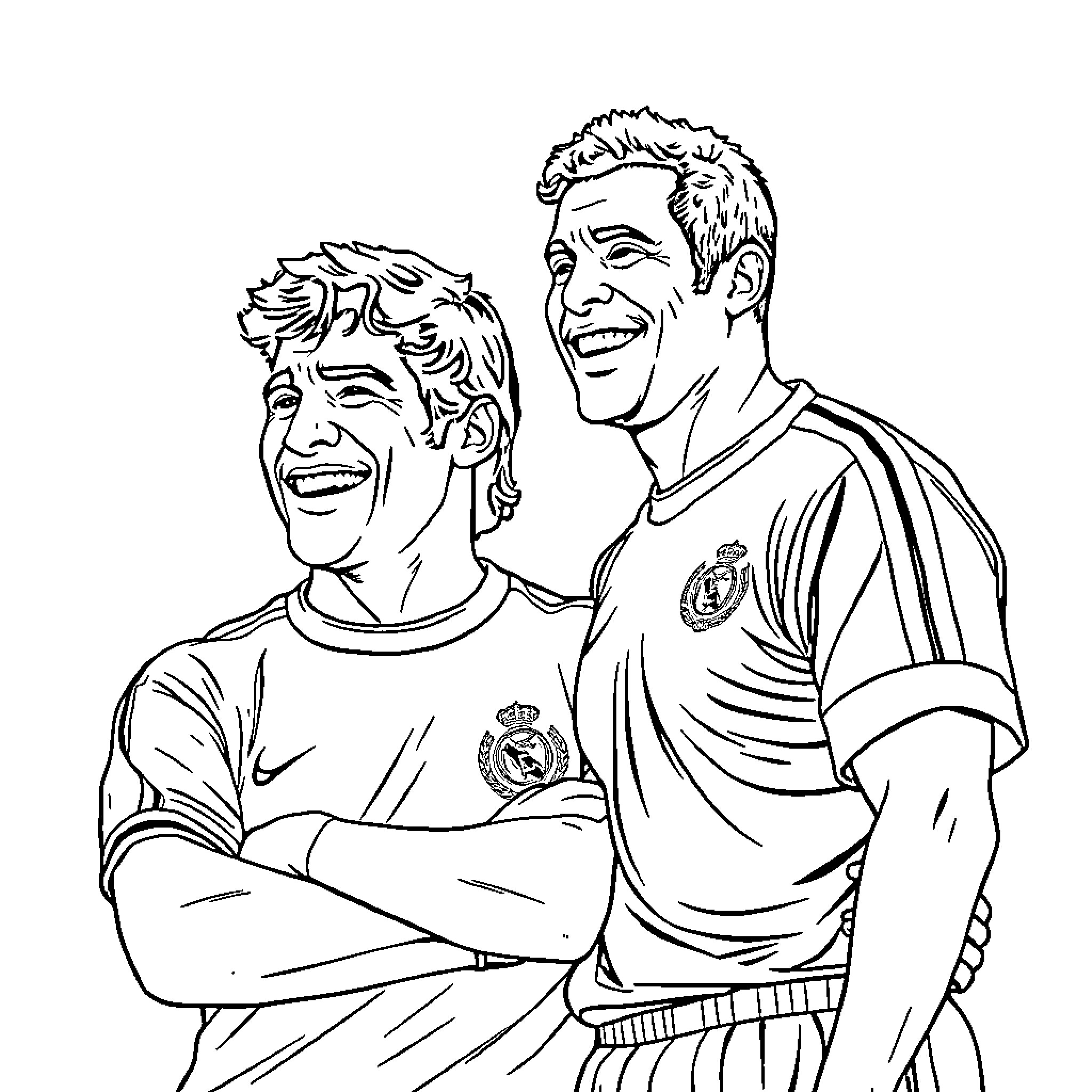 Pelé and teammate smiling in soccer jerseys Coloring Page (free black-and-white line drawing printable PDF for all, from beginners to advanced learners, including children, teens, adults, and seniors)