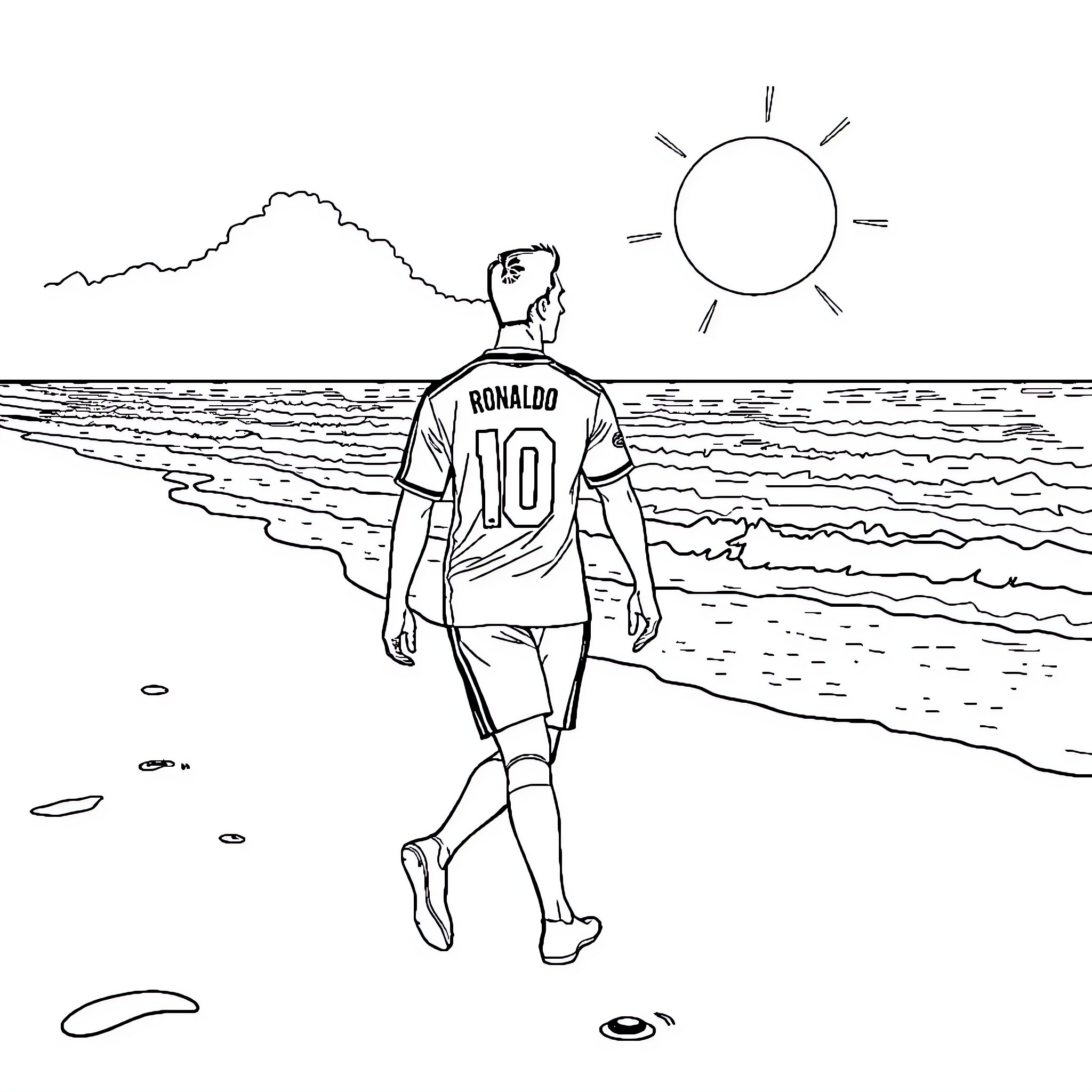 Cristiano Ronaldo walking along the beach Coloring Page (free black-and-white line drawing printable PDF for all, from beginners to advanced learners, including children, teens, adults, and seniors)
