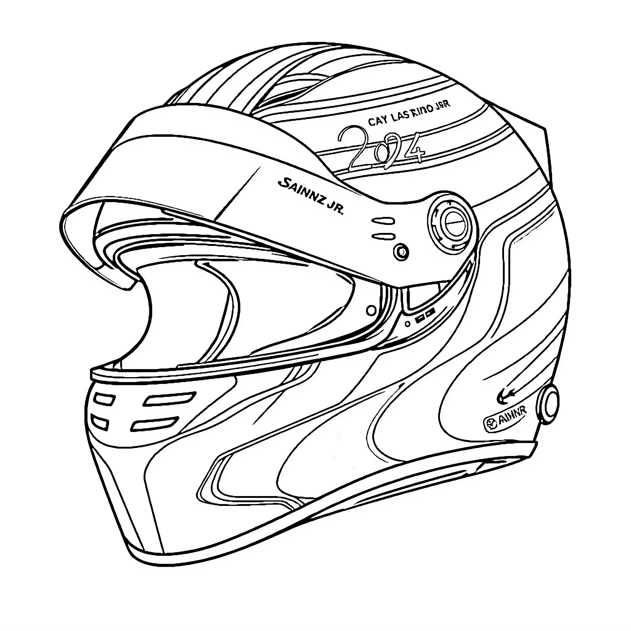 Sainz Jr's Racing Helmet Design Coloring Page (free black-and-white line drawing printable PDF for all, from beginners to advanced learners, including children, teens, adults, and seniors)