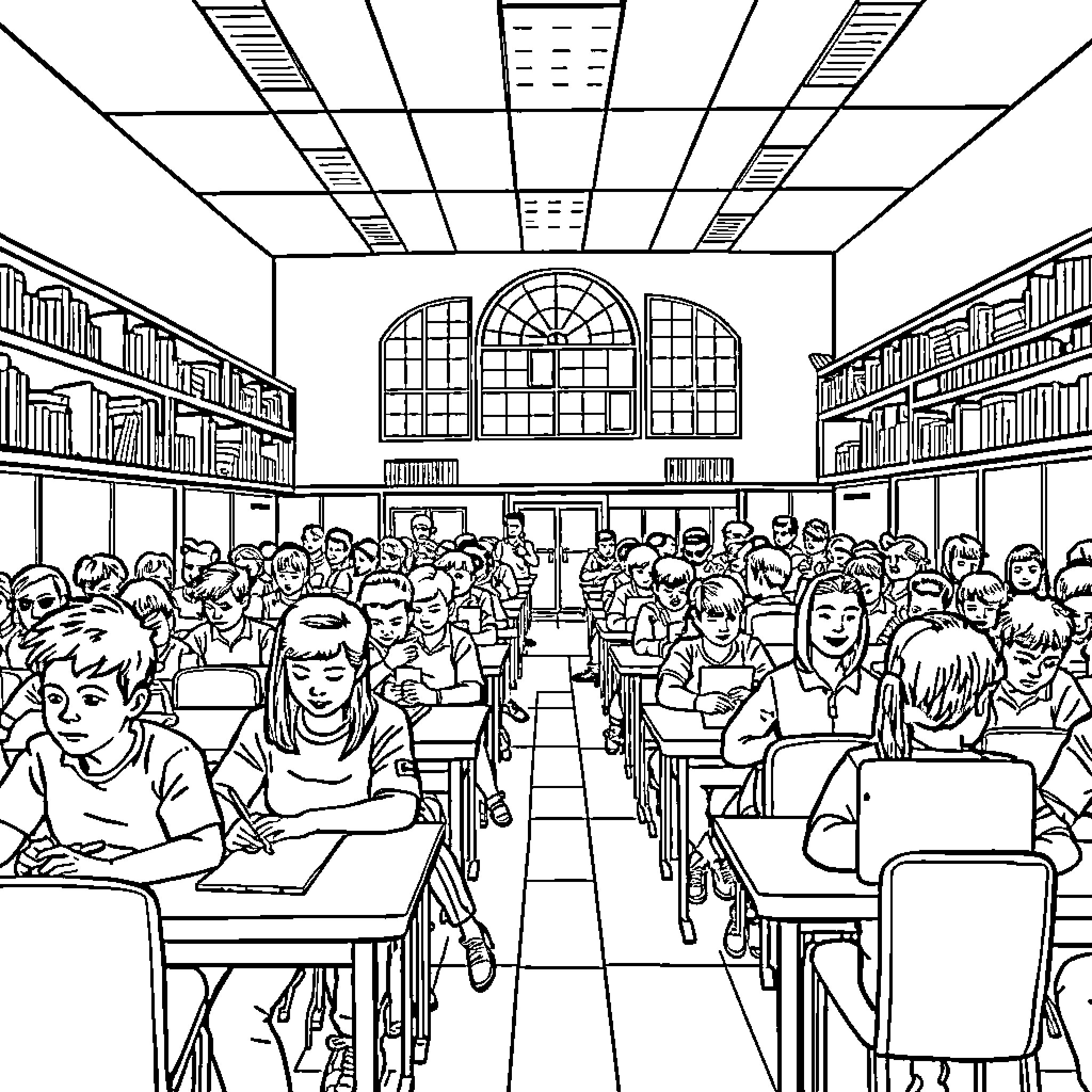 School Classroom with Students Engaged in Learning Coloring Page (free black-and-white line drawing printable PDF for all, from beginners to advanced learners, including children, teens, adults, and seniors)