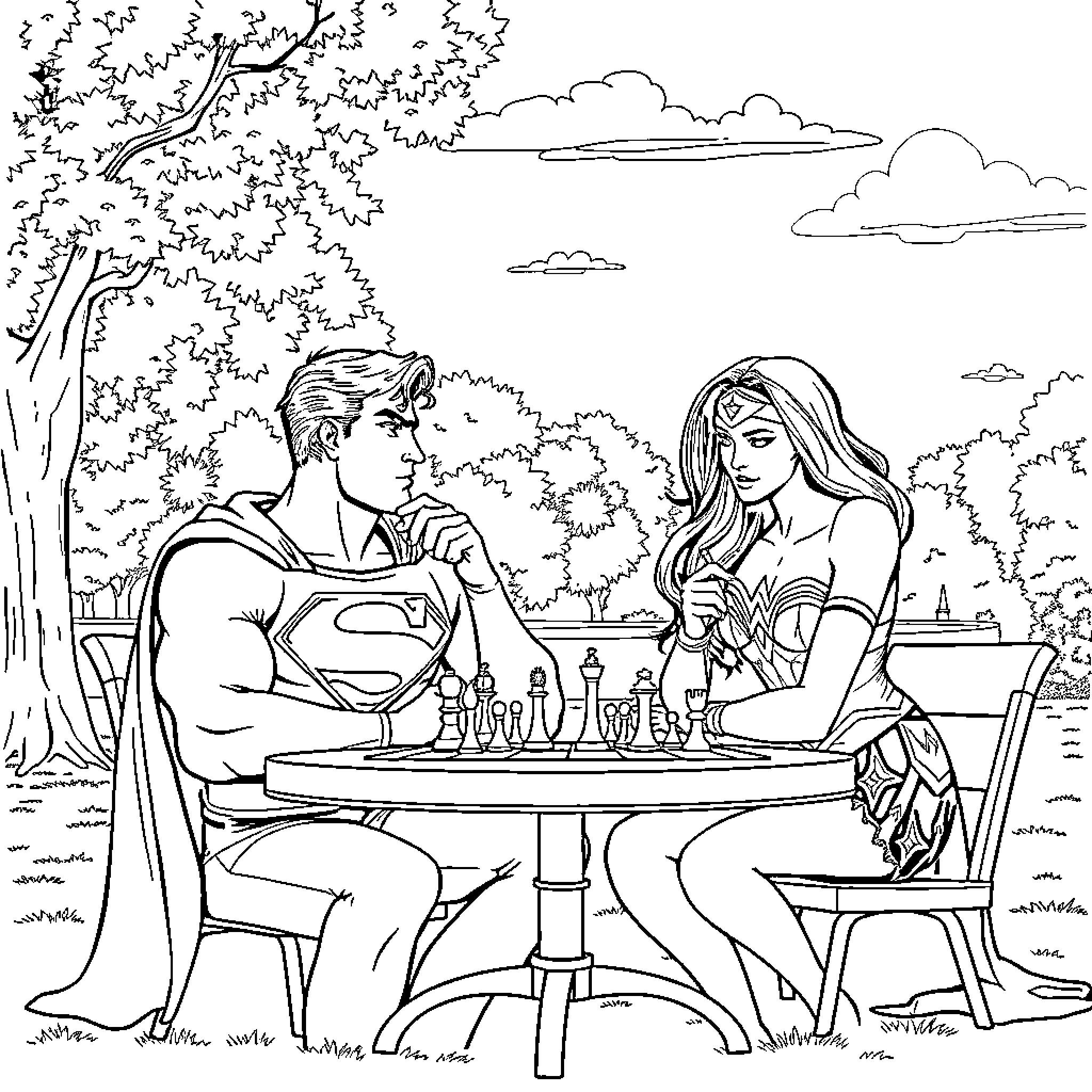 Superman and Wonder Woman play chess in the park Coloring Page (free black-and-white line drawing printable PDF for all, from beginners to advanced learners, including children, teens, adults, and seniors)