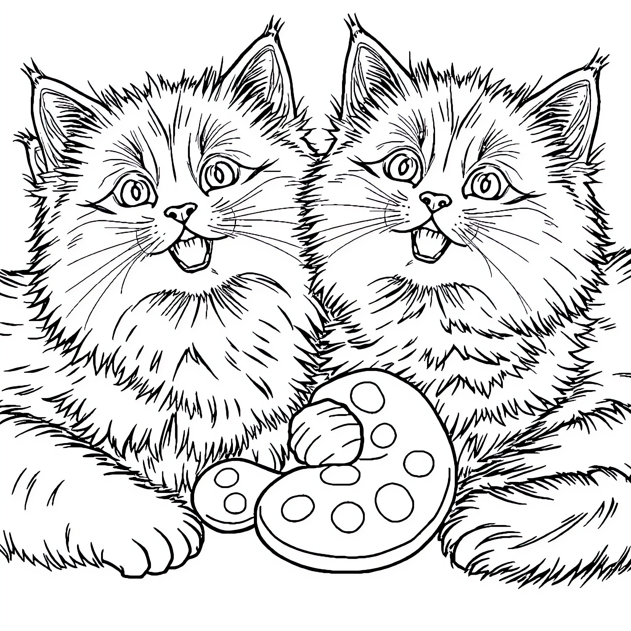 Cats playing with spotted ball Coloring Page (free black-and-white line drawing printable PDF for all, from beginners to advanced learners, including children, teens, adults, and seniors)