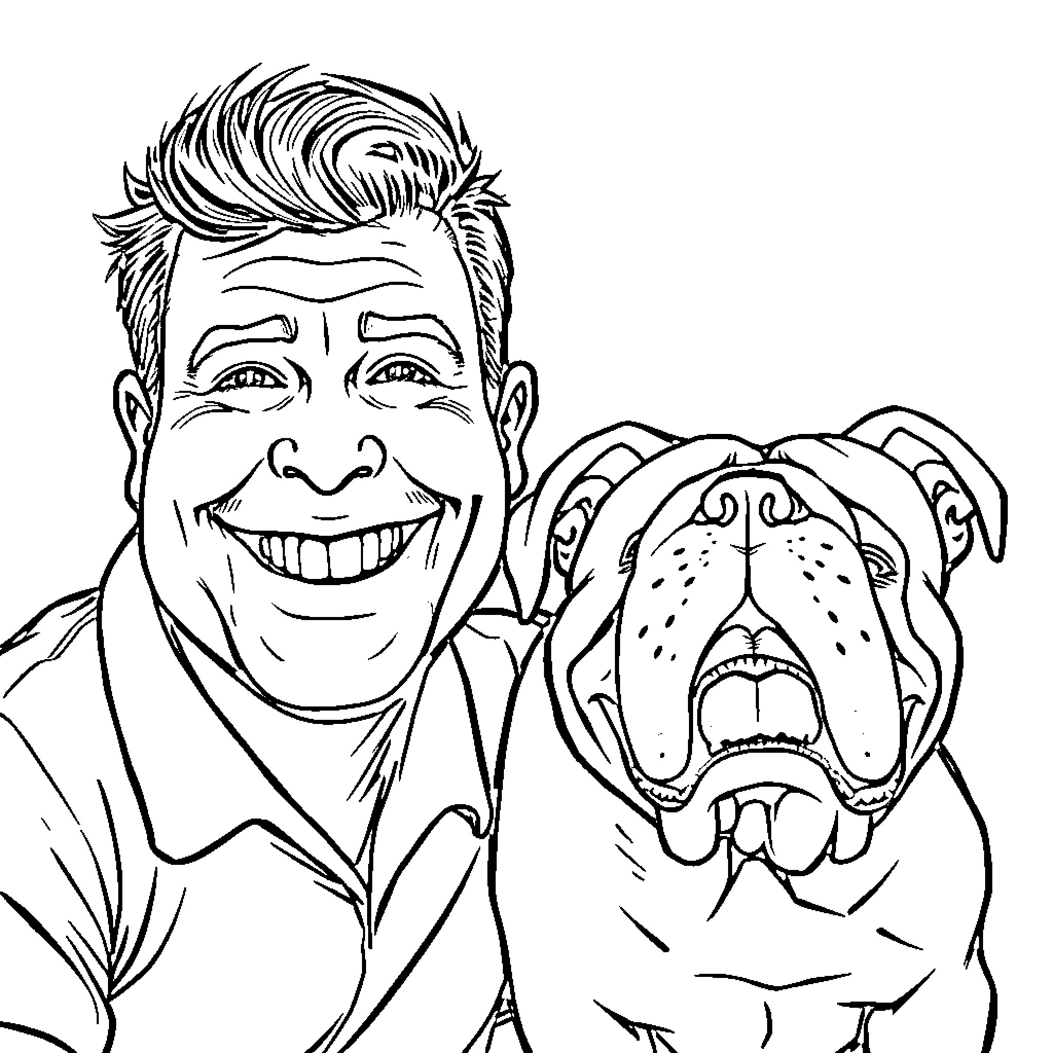 Bulldog and smiling man enjoying each other's company Coloring Page (free black-and-white line drawing printable PDF for all, from beginners to advanced learners, including children, teens, adults, and seniors)