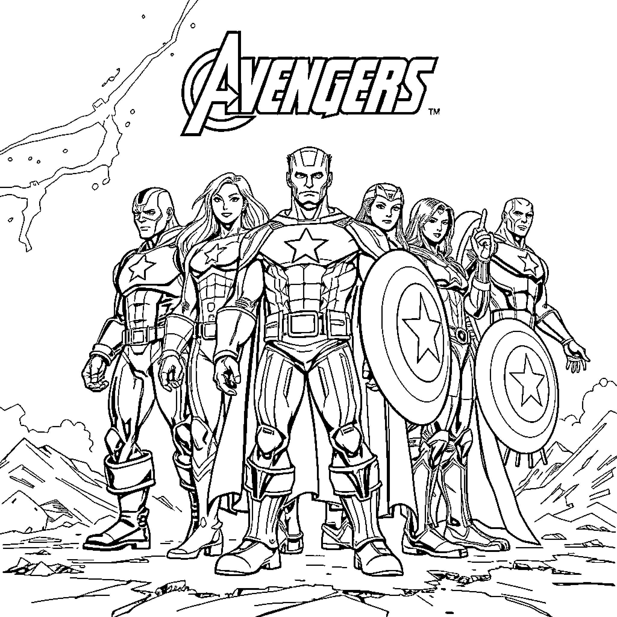 Avenger heroes assemble in epic battle formation Coloring Page (free black-and-white line drawing printable PDF for all, from beginners to advanced learners, including children, teens, adults, and seniors)
