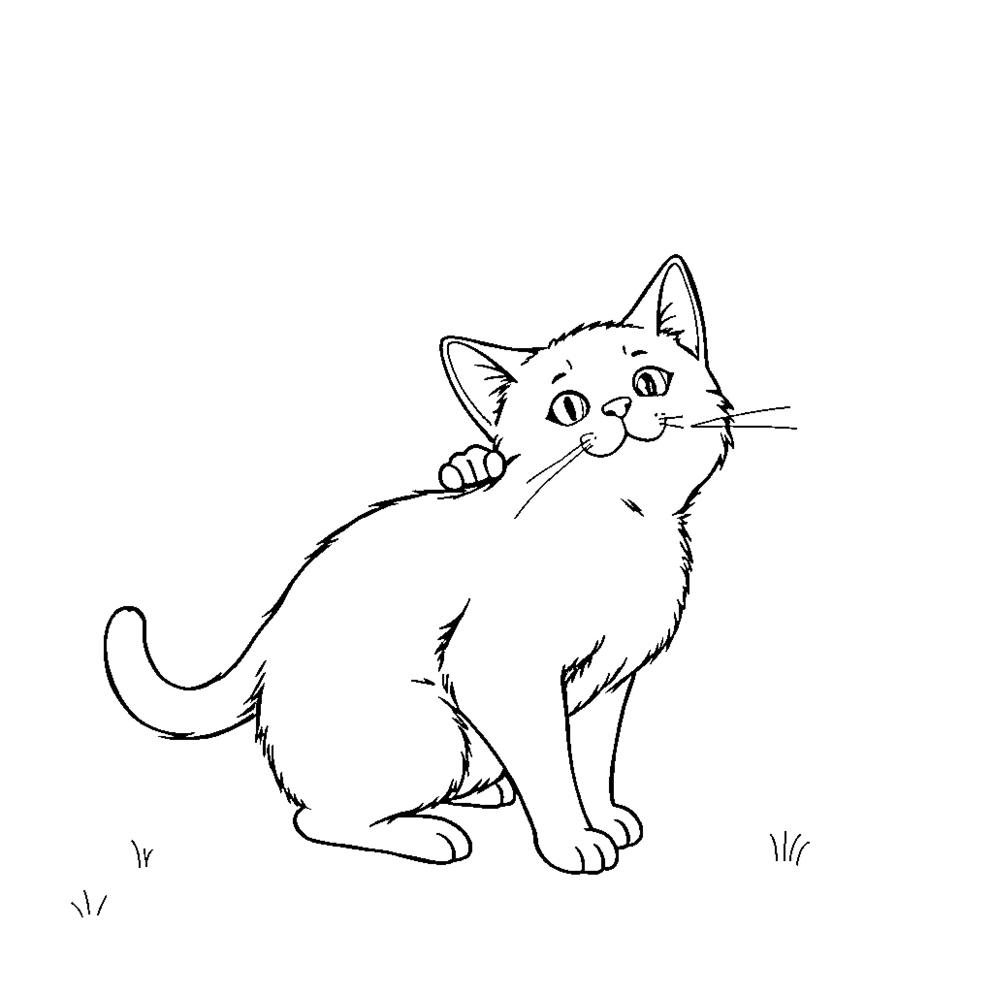 Cat sitting curiously on grass Coloring Page (free black-and-white line drawing printable PDF for all, from beginners to advanced learners, including children, teens, adults, and seniors)