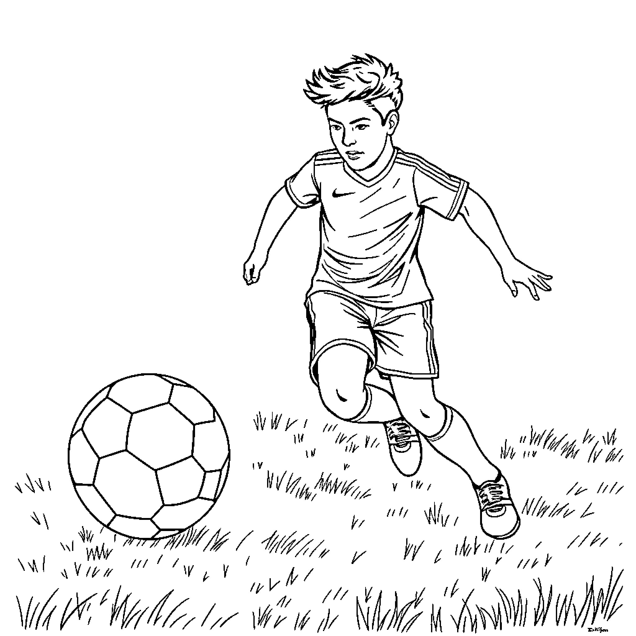 Jul: Boy playing with soccer ball on the field Coloring Page (free black-and-white line drawing printable PDF for all, from beginners to advanced learners, including children, teens, adults, and seniors)