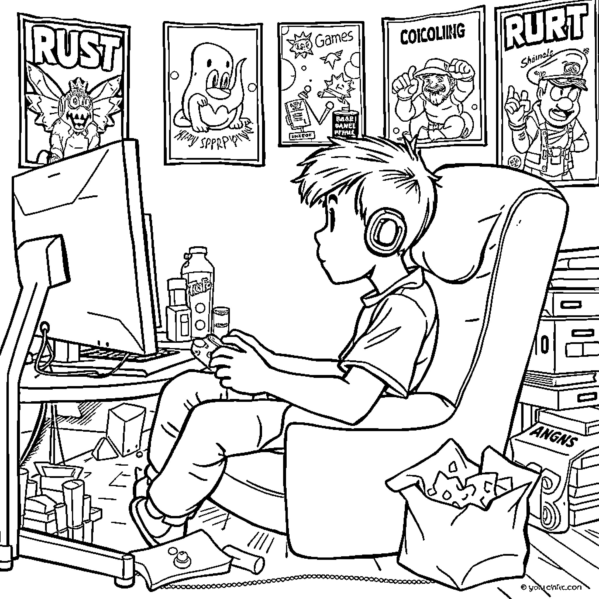 Gamer Immersed in Video Game with Colorful Posters Coloring Page (free black-and-white line drawing printable PDF for all, from beginners to advanced learners, including children, teens, adults, and seniors)
