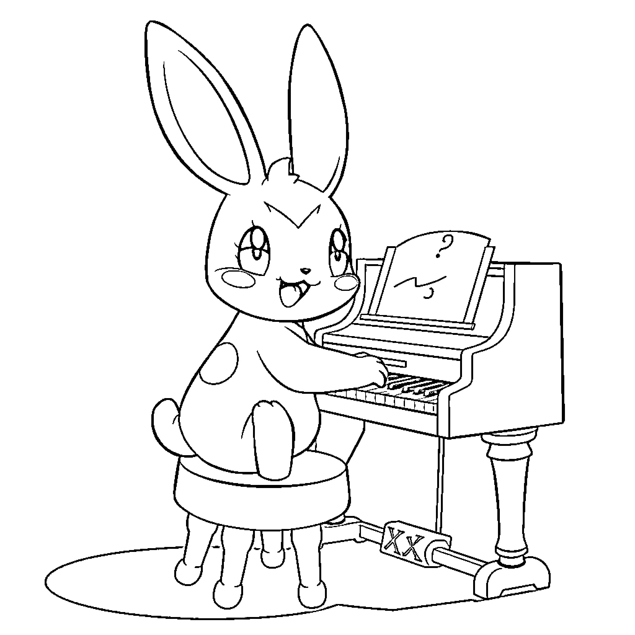 Skurbunny playing piano with joy and enthusiasm Coloring Page (free black-and-white line drawing printable PDF for all, from beginners to advanced learners, including children, teens, adults, and seniors)
