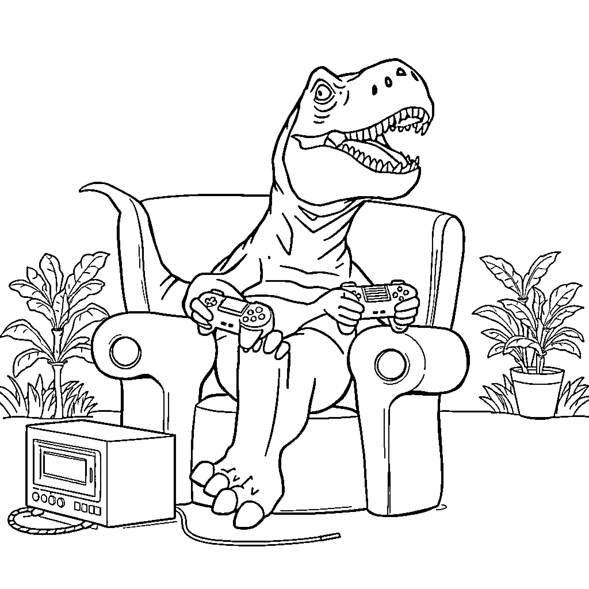 Giganotosaurus playing video games in the living room Coloring Page (free black-and-white line drawing printable PDF for all, from beginners to advanced learners, including children, teens, adults, and seniors)