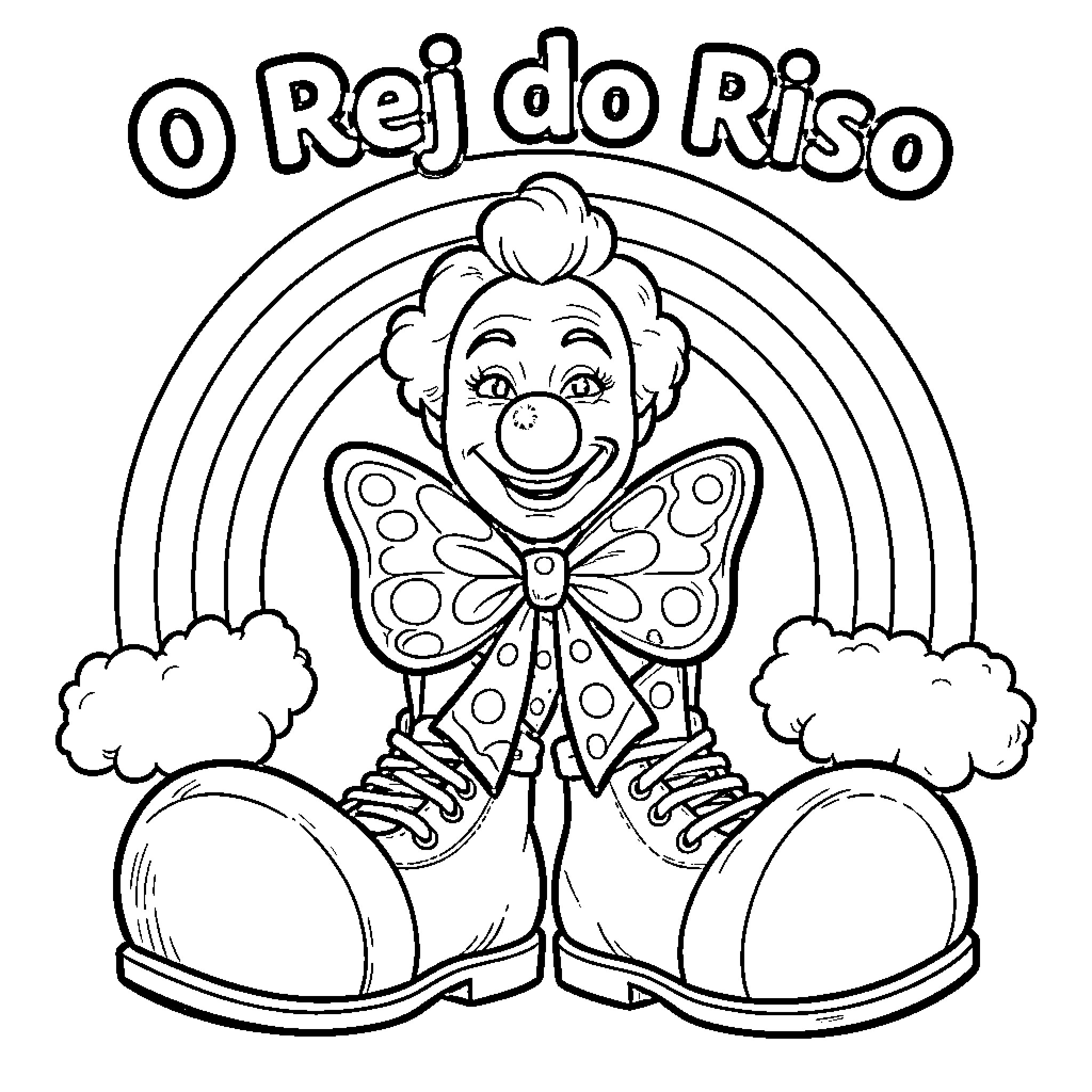 Palhaço with polka dot costume and big shoes under a rainbow Coloring Page (free black-and-white line drawing printable PDF for all, from beginners to advanced learners, including children, teens, adults, and seniors)
