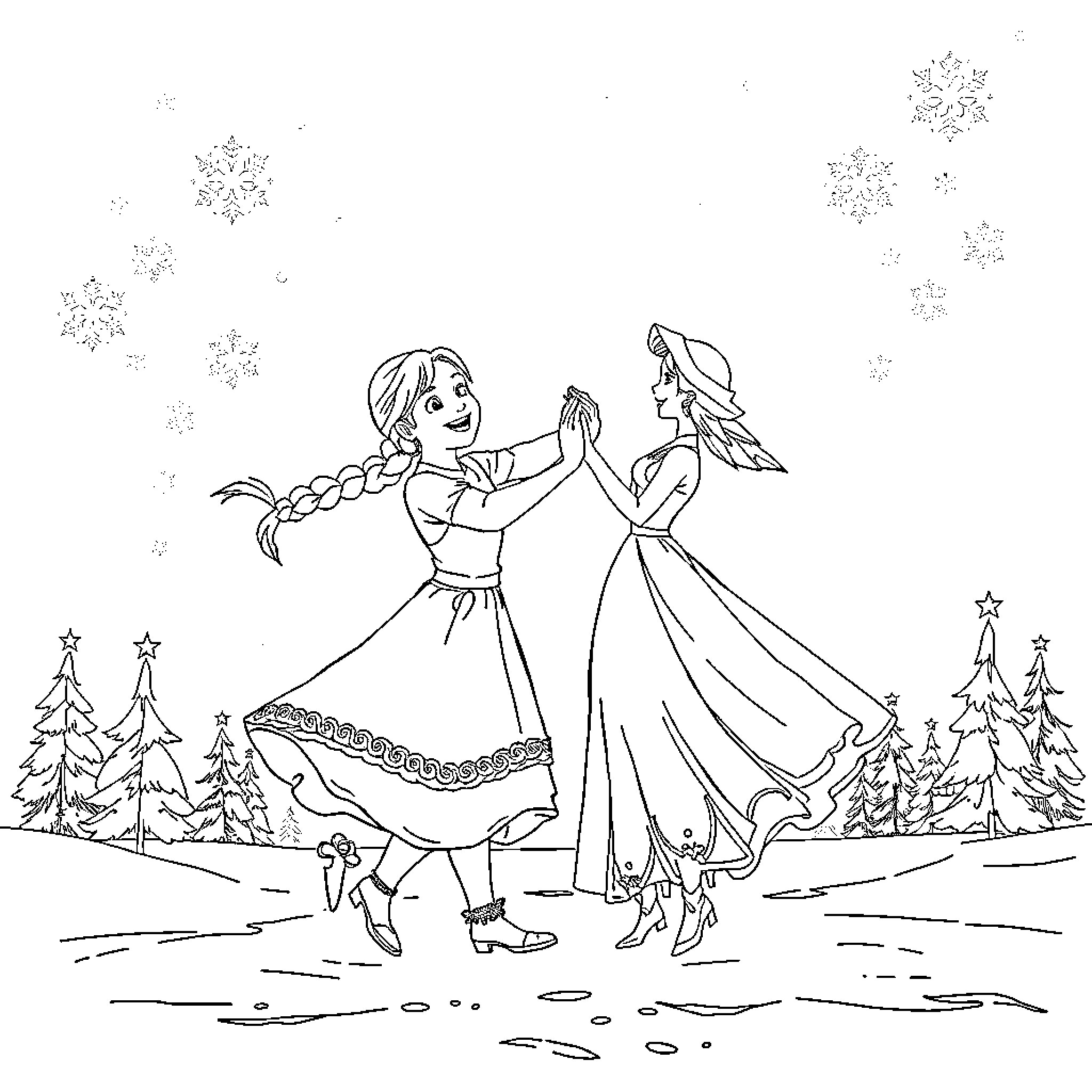 Heidi and friend dancing in a winter wonderland Coloring Page (free black-and-white line drawing printable PDF for all, from beginners to advanced learners, including children, teens, adults, and seniors)
