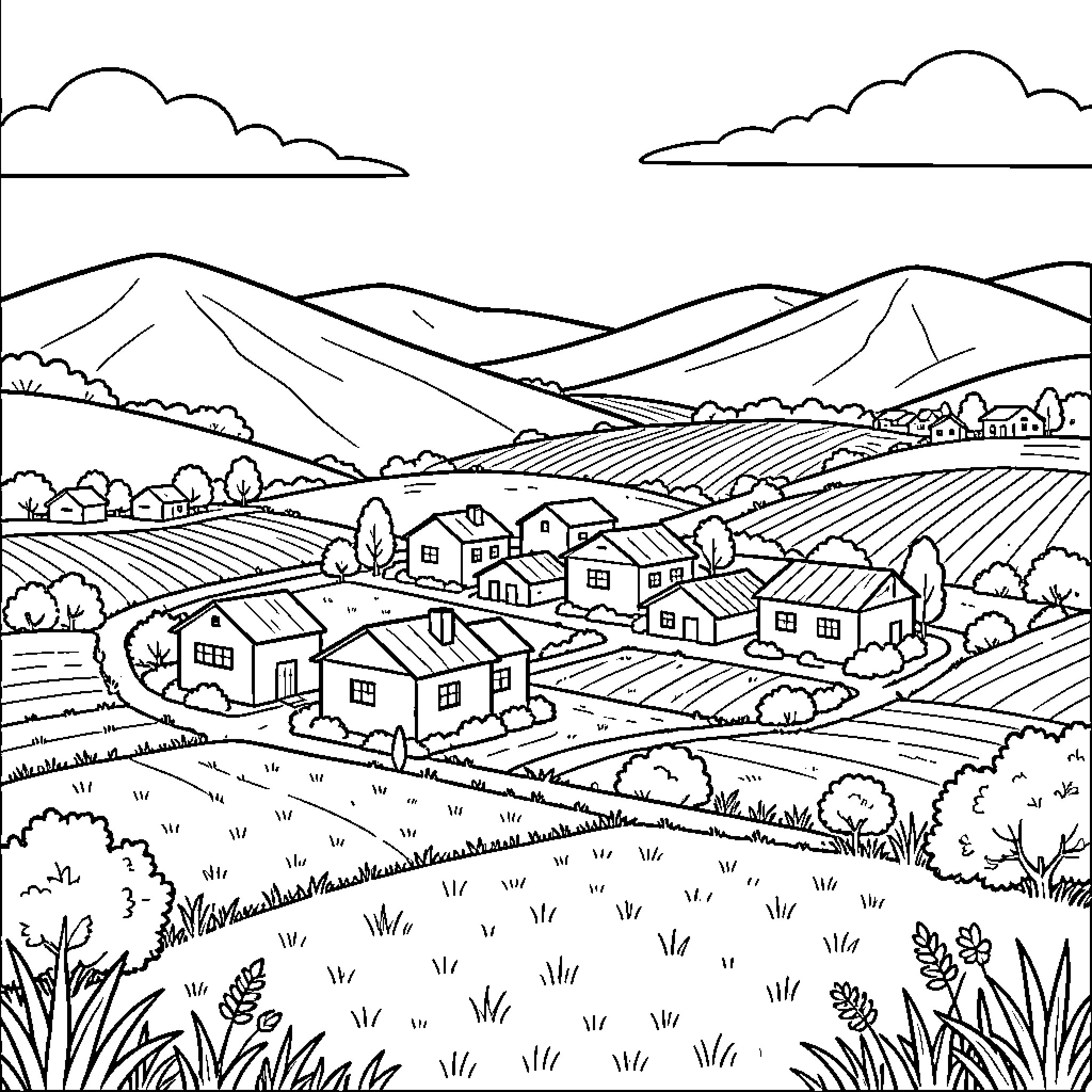 Abedjani peaceful landscape of houses amidst rolling hills Coloring Page (free black-and-white line drawing printable PDF for all, from beginners to advanced learners, including children, teens, adults, and seniors)
