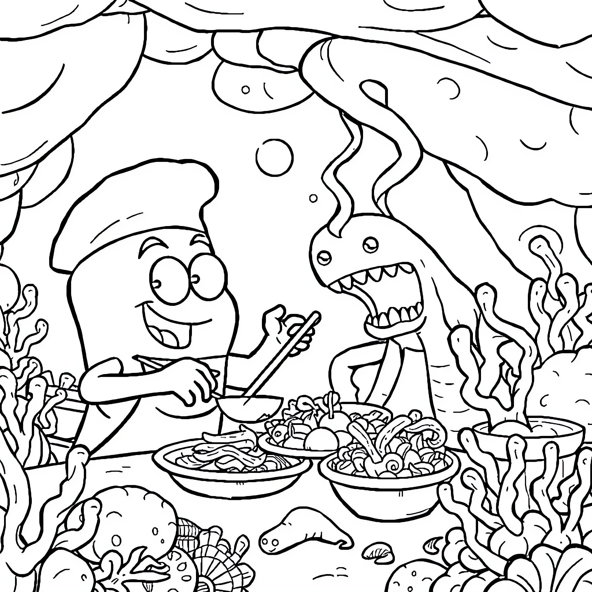 Spongebob and Patrick enjoying a seafood feast under the sea Coloring Page (free black-and-white line drawing printable PDF for all, from beginners to advanced learners, including children, teens, adults, and seniors)