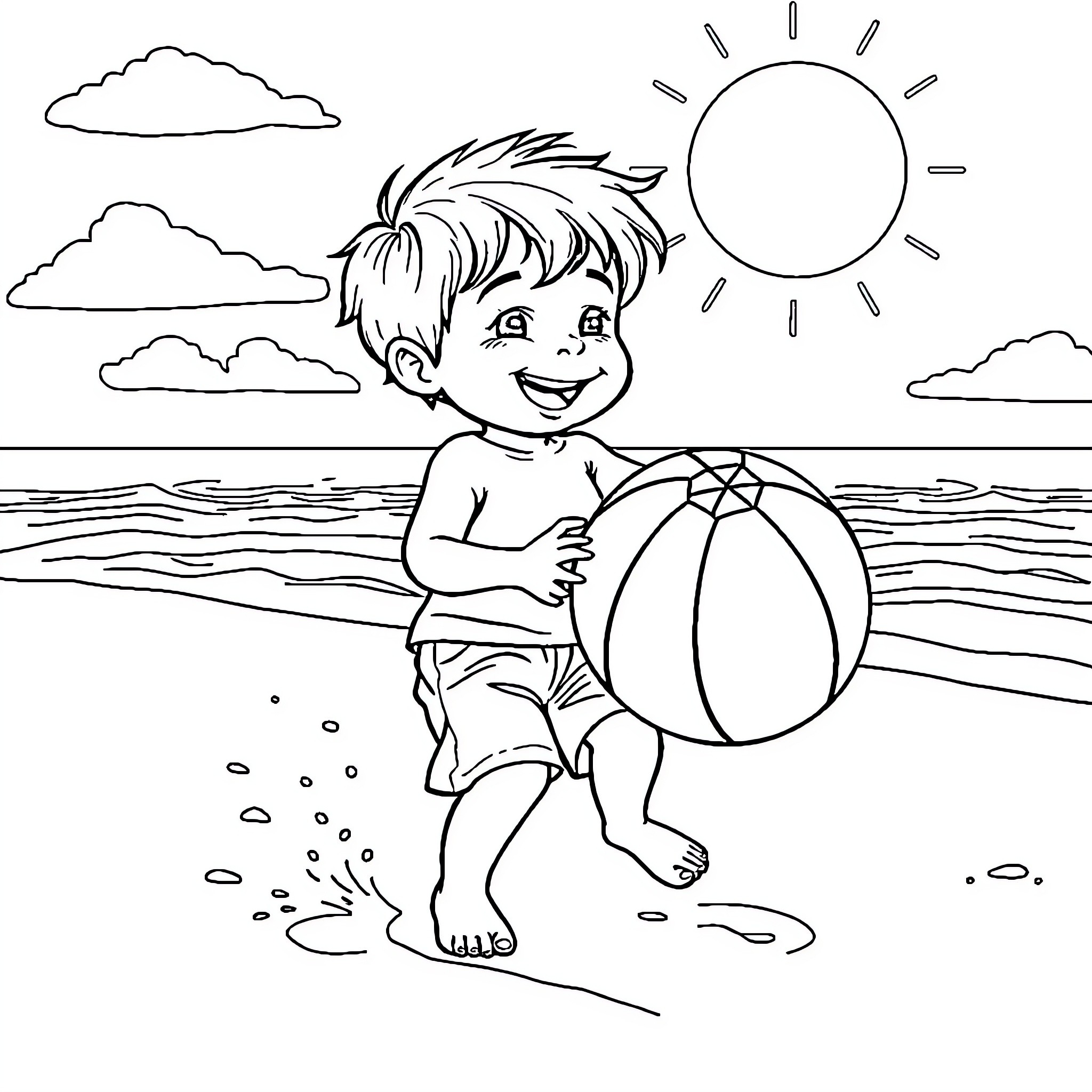 Niño playing joyfully with beach ball on sunny shore Coloring Page (free black-and-white line drawing printable PDF for all, from beginners to advanced learners, including children, teens, adults, and seniors)