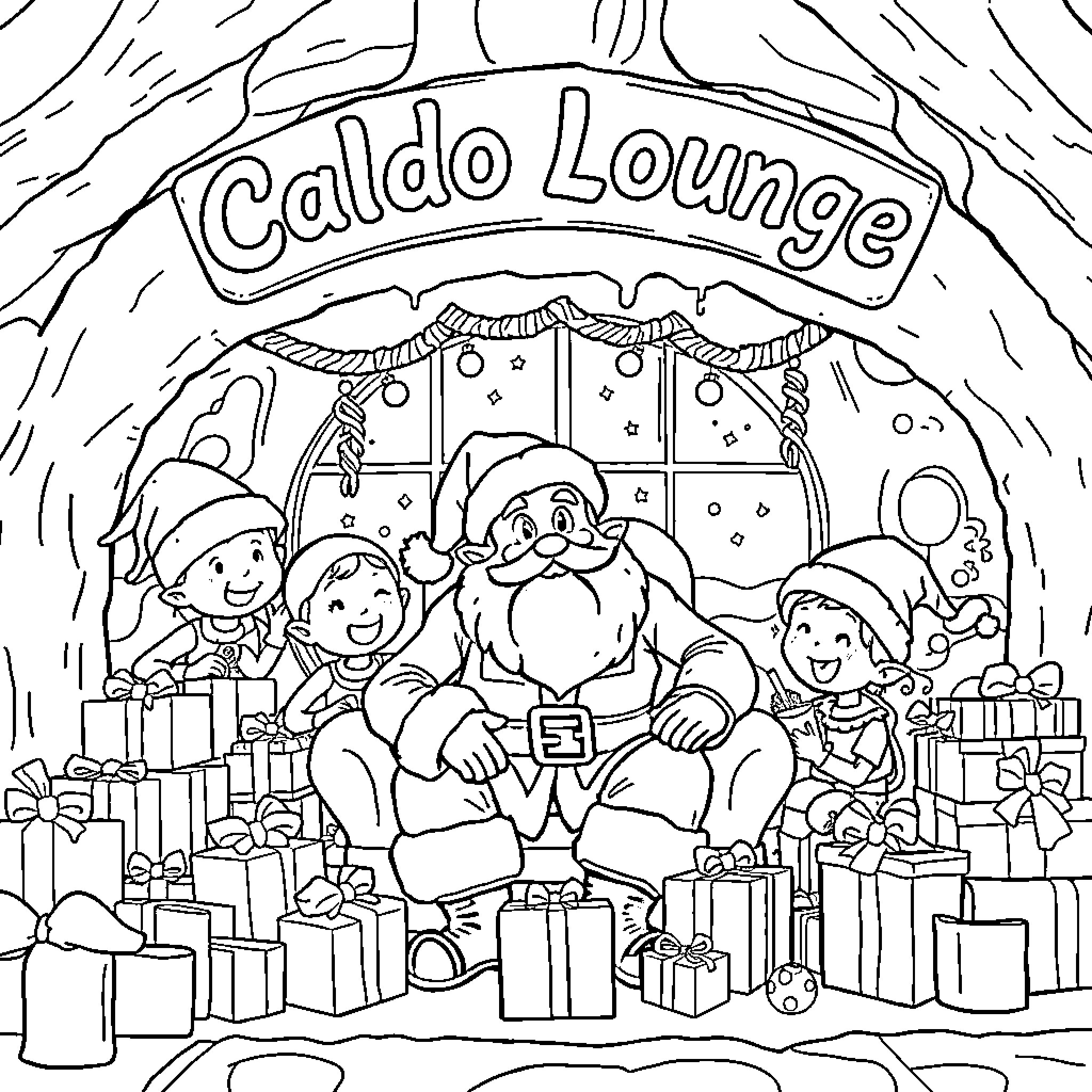 Santa entertaining children in the Caldo Lounge Coloring Page (free black-and-white line drawing printable PDF for all, from beginners to advanced learners, including children, teens, adults, and seniors)