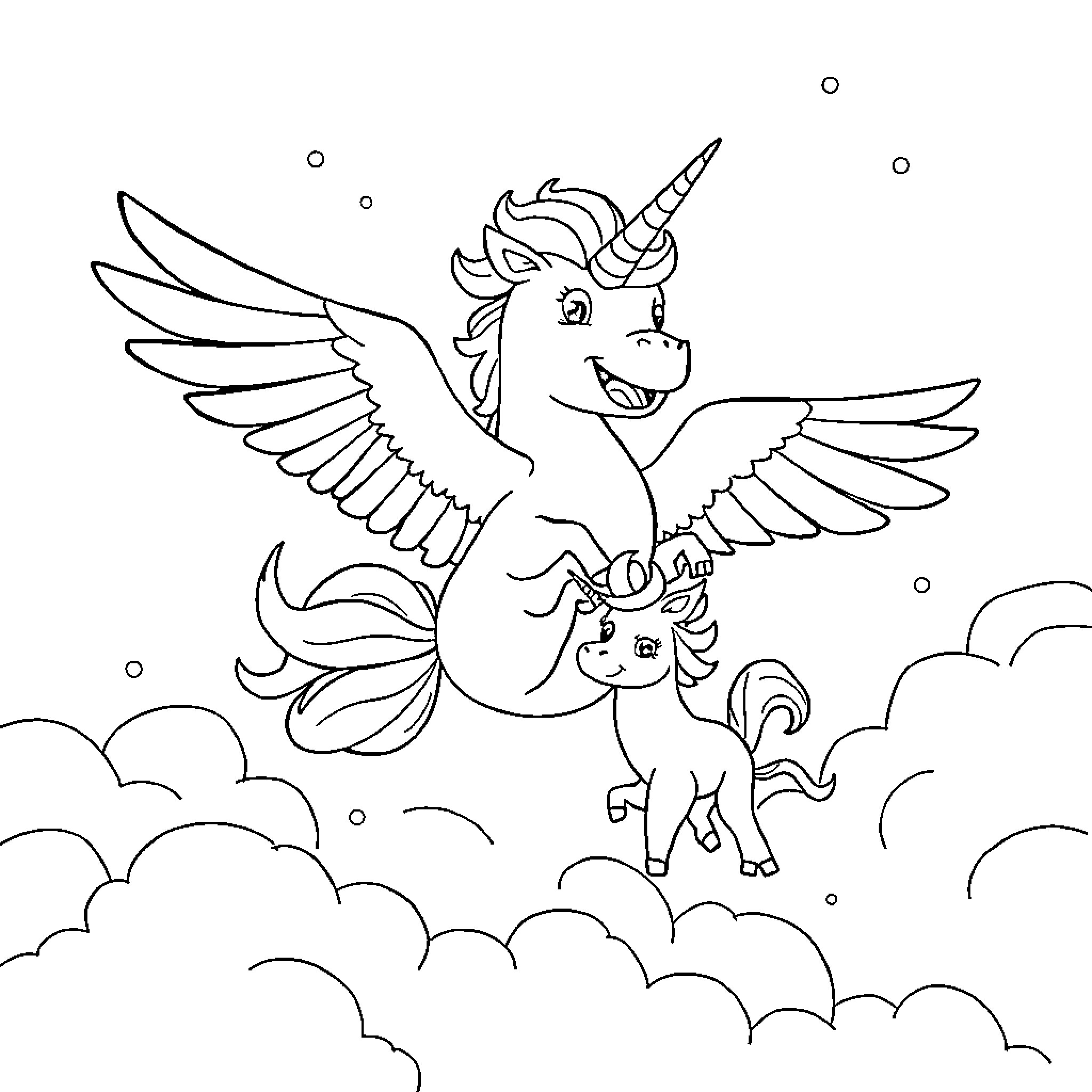 Gatocornio flying with a baby unicorn in the clouds Coloring Page (free black-and-white line drawing printable PDF for all, from beginners to advanced learners, including children, teens, adults, and seniors)