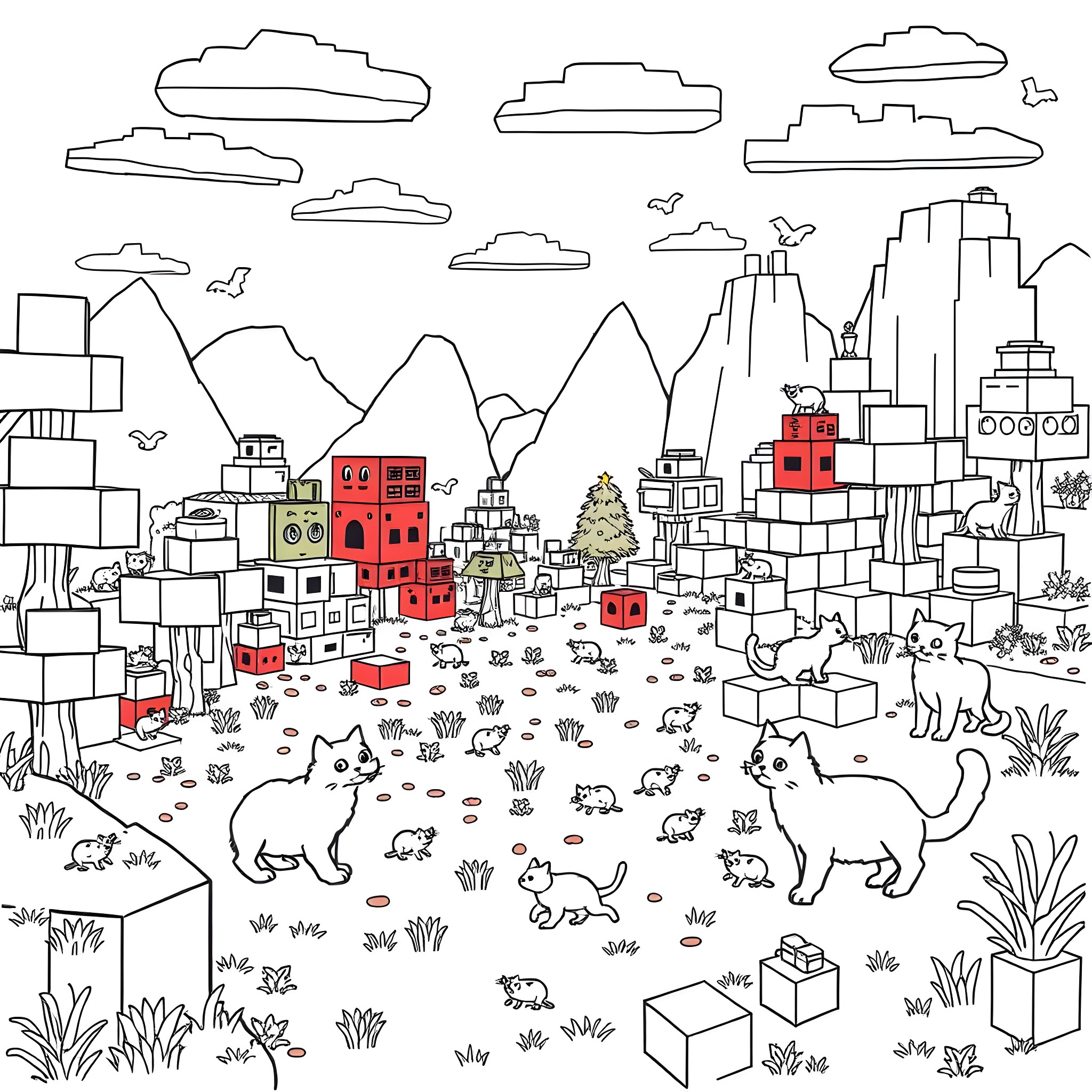 Cats Exploring a Whimsical Cityscape Coloring Page (free black-and-white line drawing printable PDF for all, from beginners to advanced learners, including children, teens, adults, and seniors)
