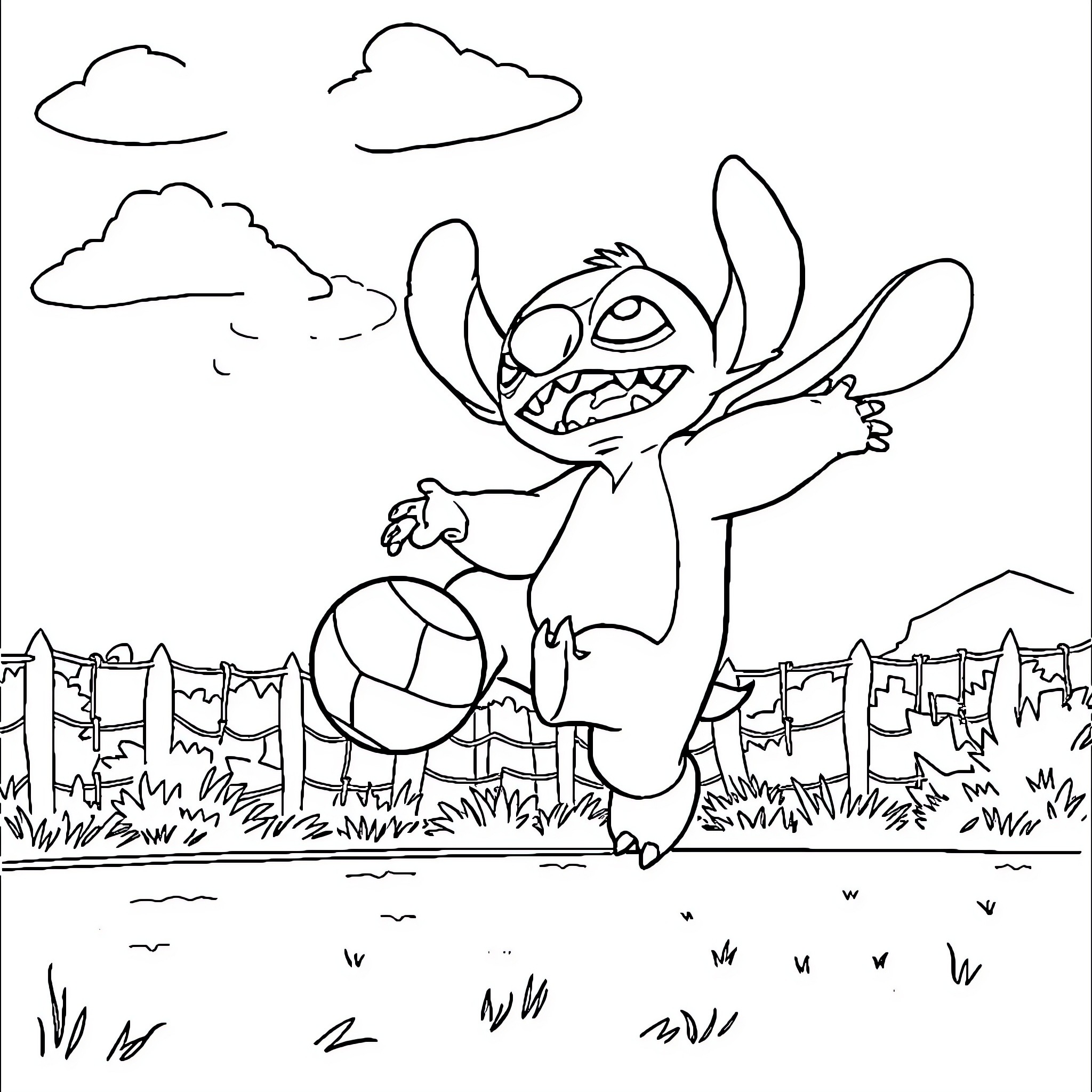 Stitch running with excitement in the landscape Coloring Page (free black-and-white line drawing printable PDF for all, from beginners to advanced learners, including children, teens, adults, and seniors)