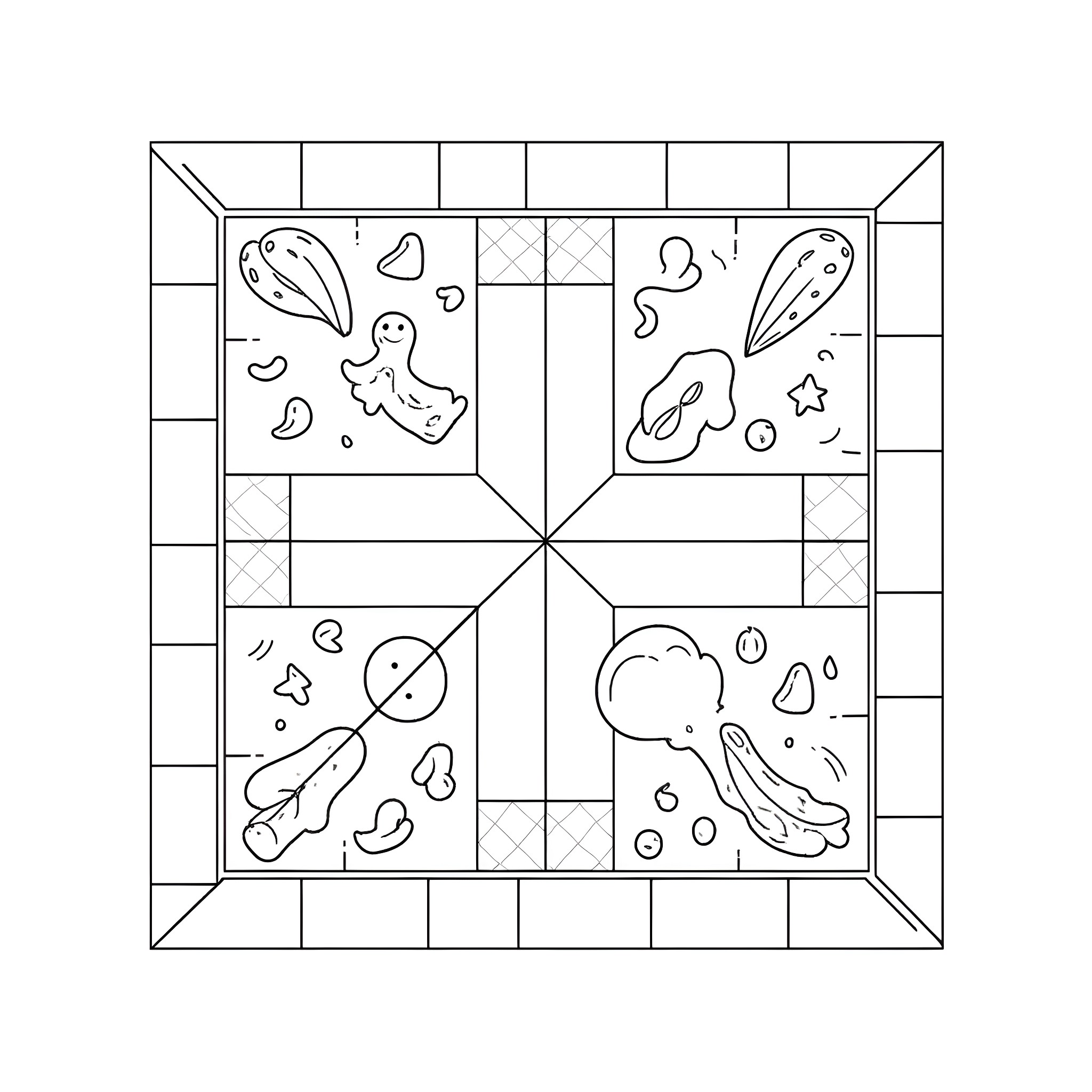 Board Game with Whimsical Shapes and Patterns Coloring Page (free black-and-white line drawing printable PDF for all, from beginners to advanced learners, including children, teens, adults, and seniors)