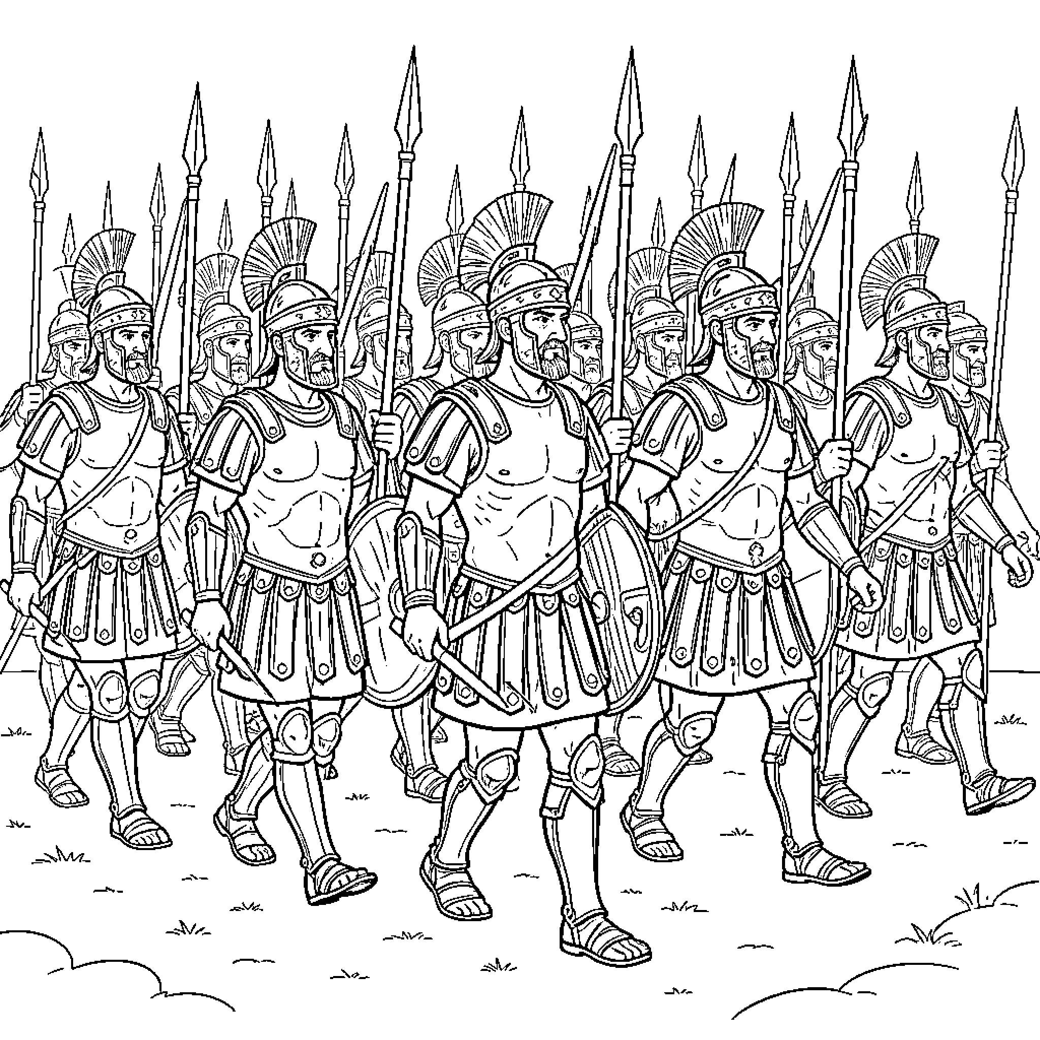 Roman Legion in Disciplined Formation Coloring Page (free black-and-white line drawing printable PDF for all, from beginners to advanced learners, including children, teens, adults, and seniors)