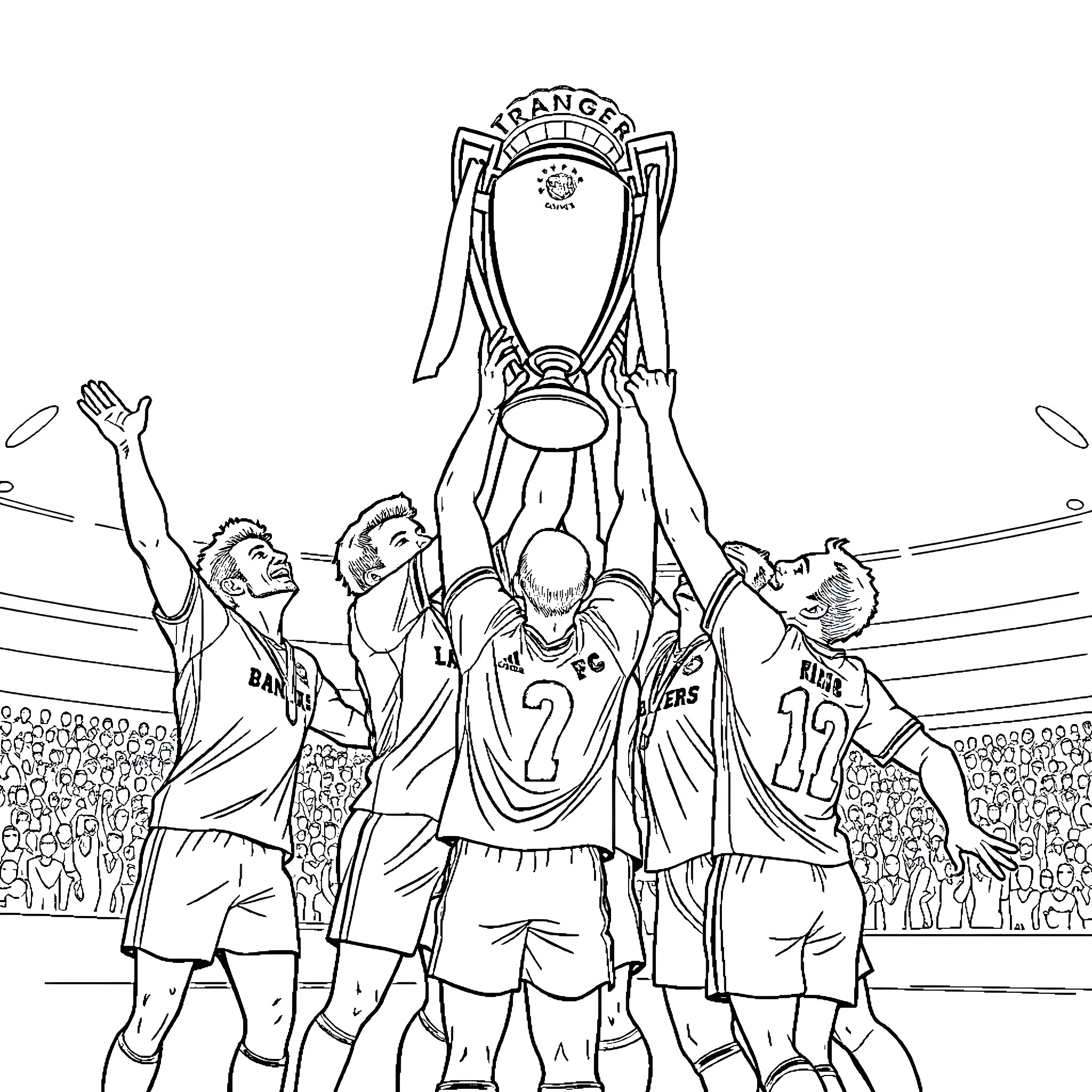 Rangers Celebrating Trophy Lift After Victory Coloring Page (free black-and-white line drawing printable PDF for all, from beginners to advanced learners, including children, teens, adults, and seniors)