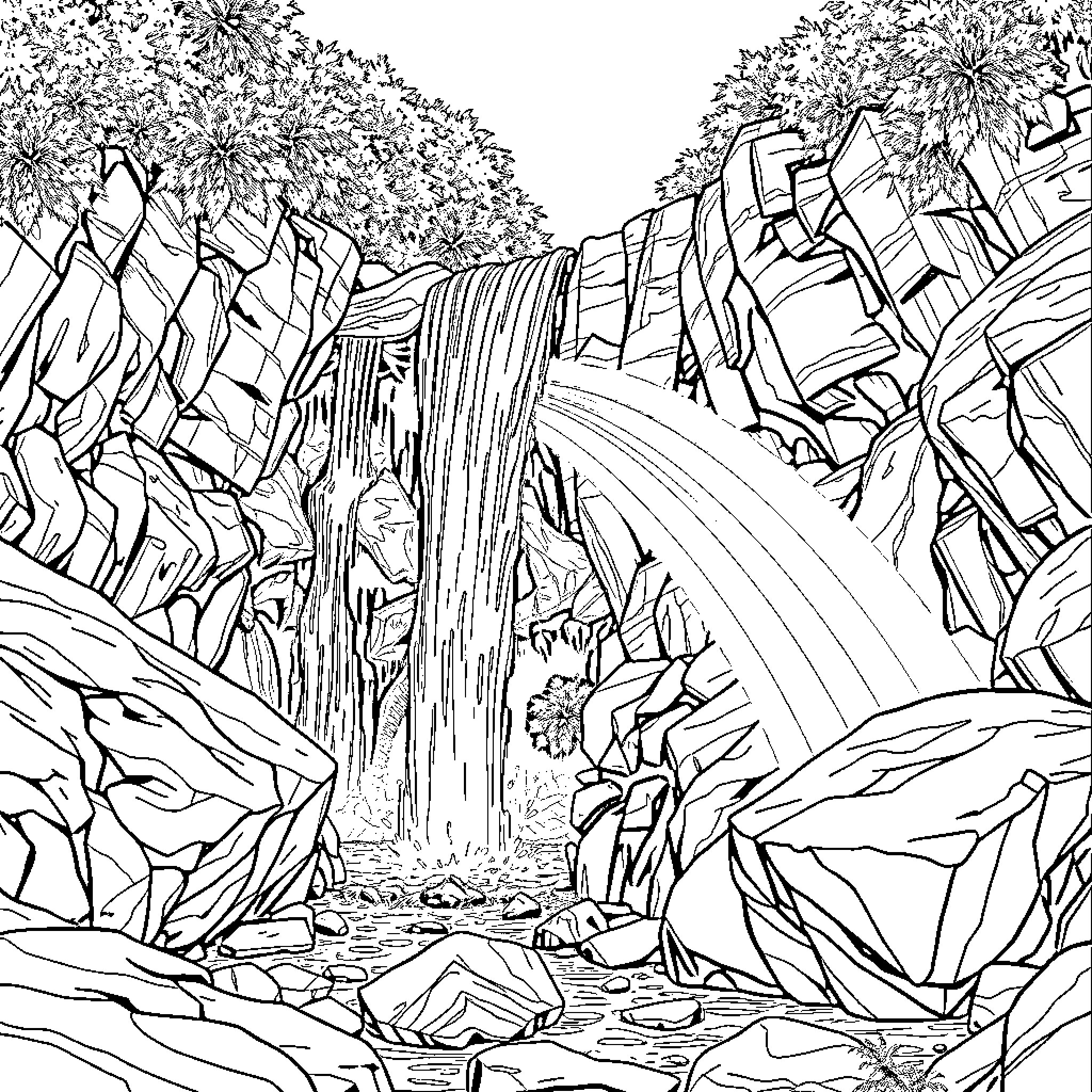 Waterfall cascading through rocky landscape Coloring Page (free black-and-white line drawing printable PDF for all, from beginners to advanced learners, including children, teens, adults, and seniors)