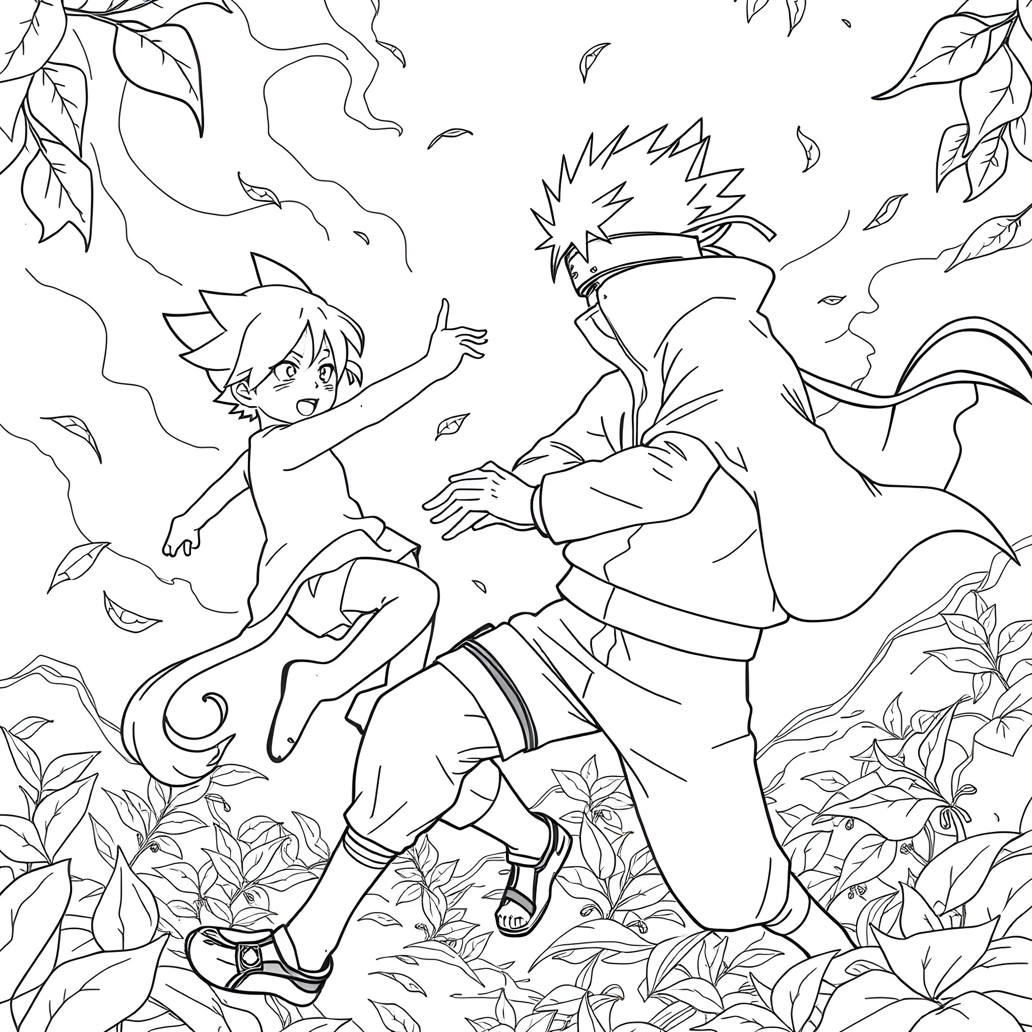 Bluey and Bingo playing in the leaves Coloring Page (free black-and-white line drawing printable PDF for all, from beginners to advanced learners, including children, teens, adults, and seniors)
