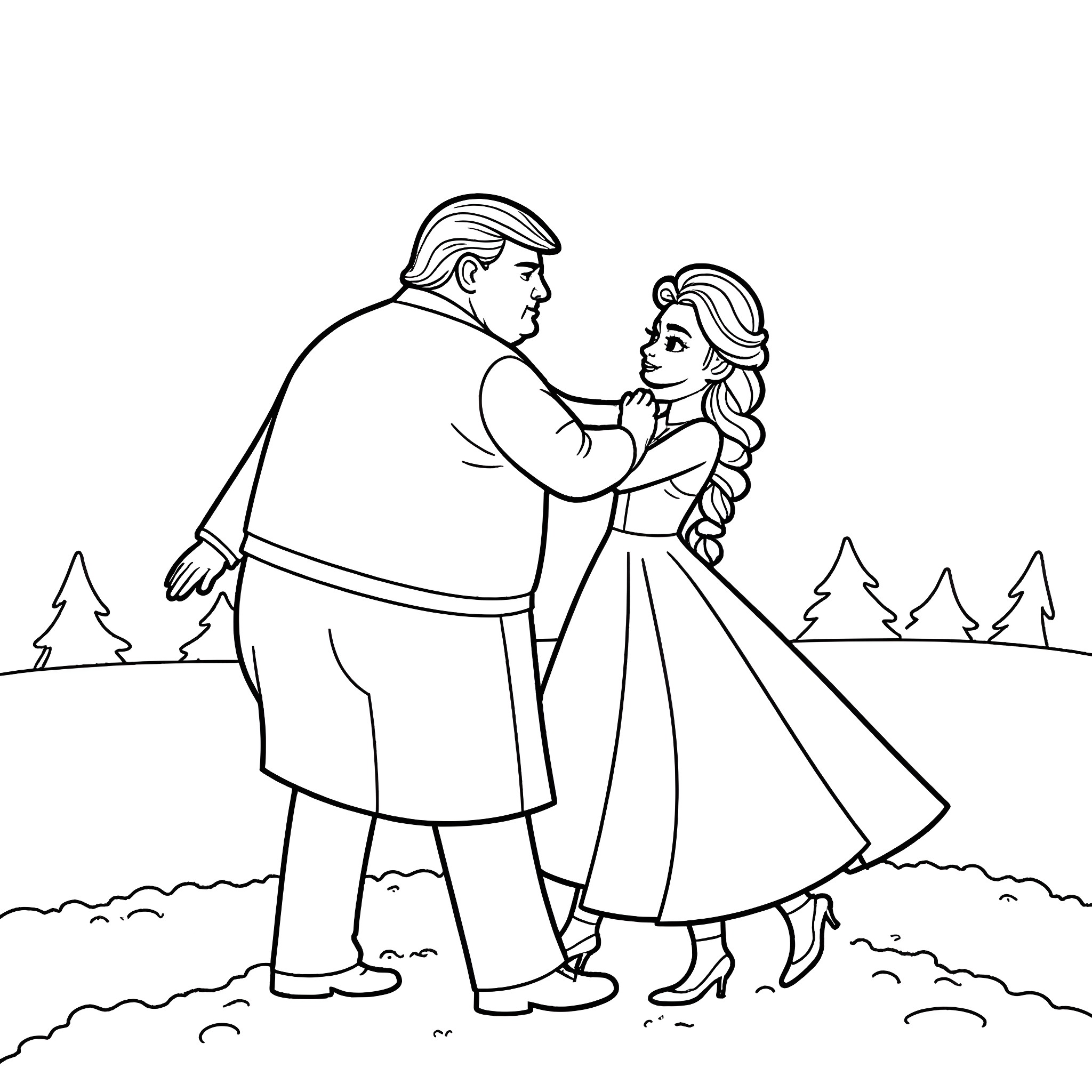 Trump Embracing His Daughter in Winter Landscape Coloring Page (free black-and-white line drawing printable PDF for all, from beginners to advanced learners, including children, teens, adults, and seniors)