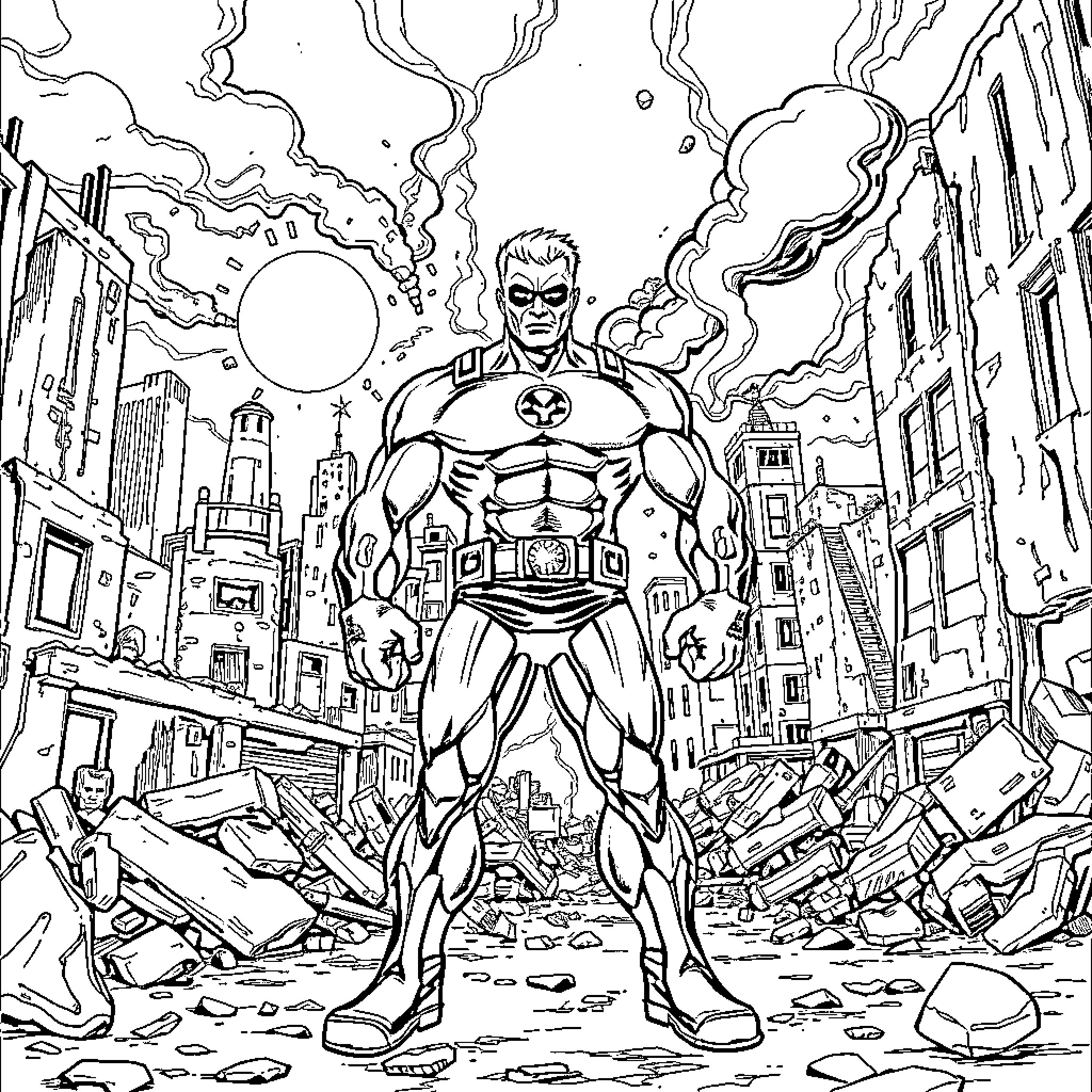 Toxic Avenger stands heroically in a devastated city Coloring Page (free black-and-white line drawing printable PDF for all, from beginners to advanced learners, including children, teens, adults, and seniors)