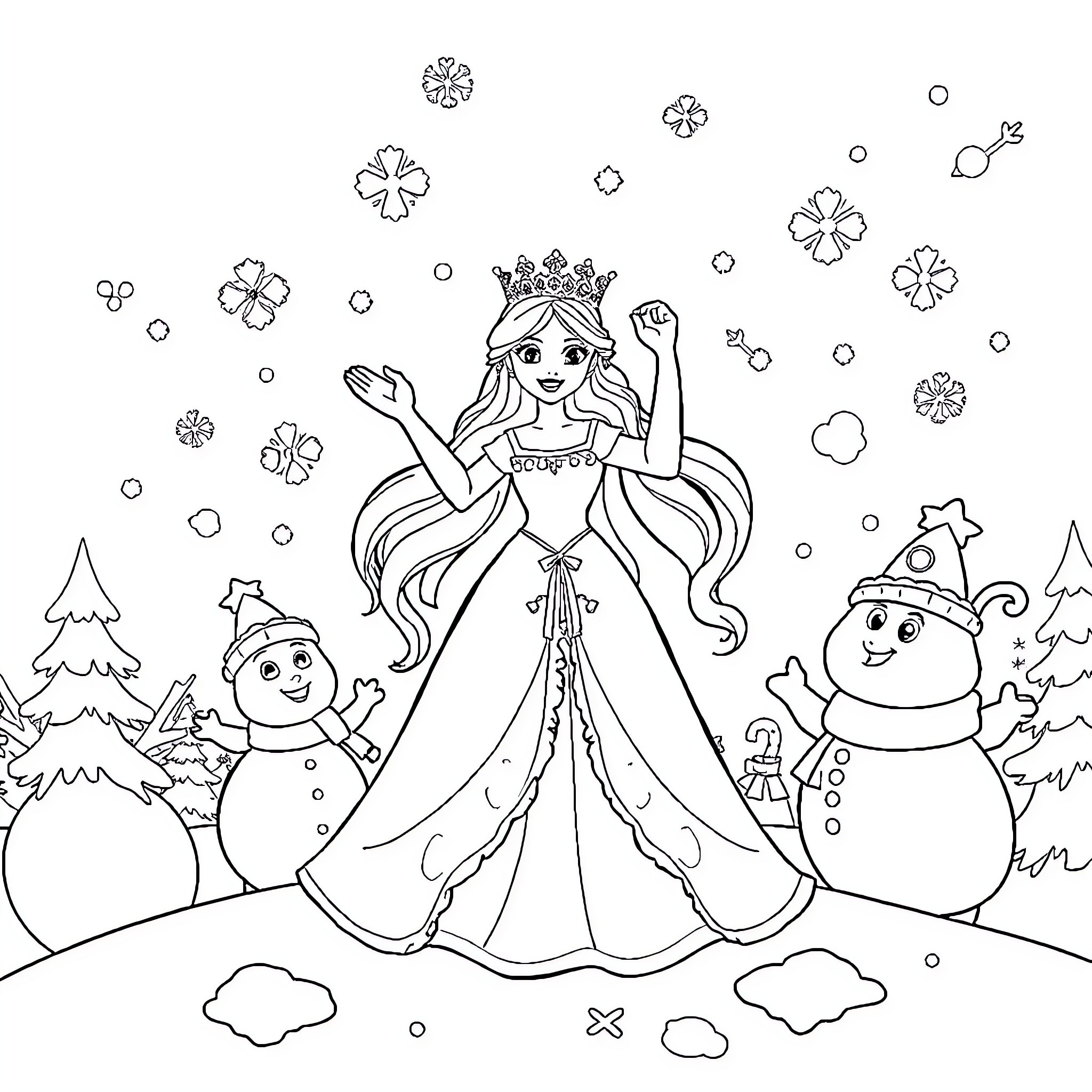 Queen in a winter wonderland with friends Coloring Page (free black-and-white line drawing printable PDF for all, from beginners to advanced learners, including children, teens, adults, and seniors)