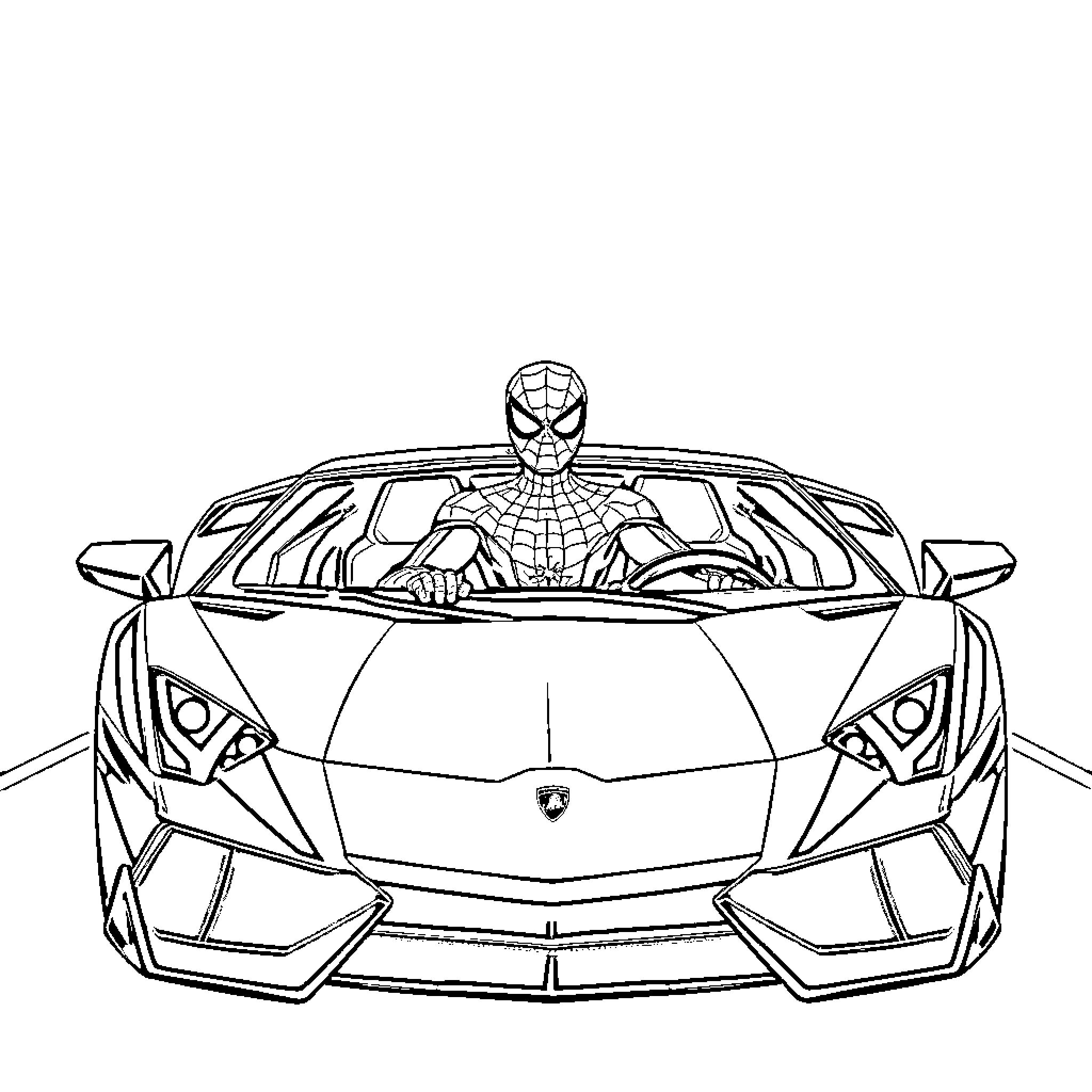 Spiderman riding a futuristic sports car Coloring Page (free black-and-white line drawing printable PDF for all, from beginners to advanced learners, including children, teens, adults, and seniors)