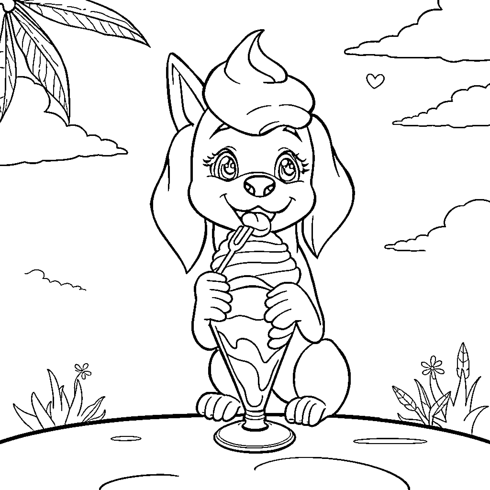 Skye the friendly creature in a whimsical scene Coloring Page (free black-and-white line drawing printable PDF for all, from beginners to advanced learners, including children, teens, adults, and seniors)