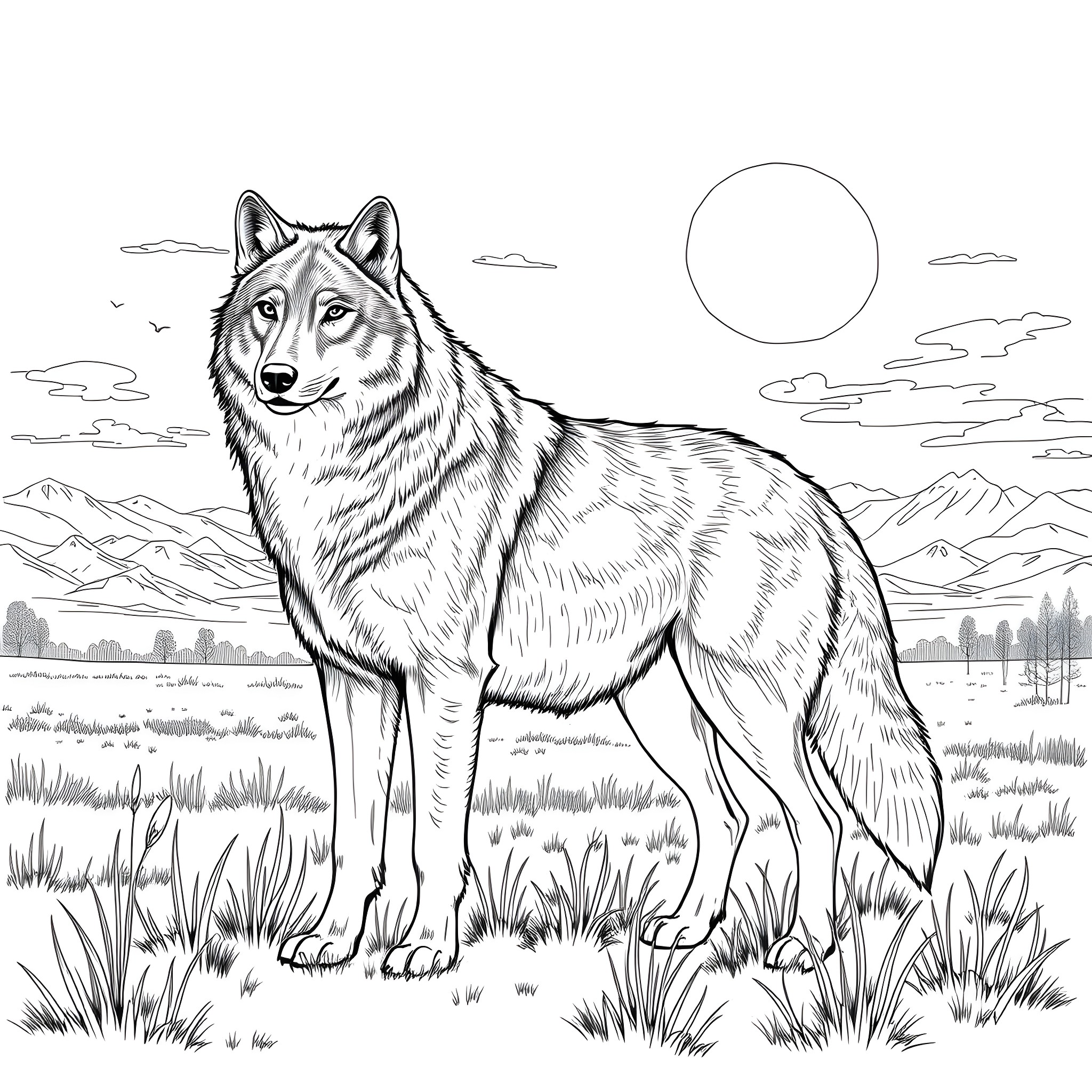 Wolf in the wilderness under the moon Coloring Page (free black-and-white line drawing printable PDF for all, from beginners to advanced learners, including children, teens, adults, and seniors)